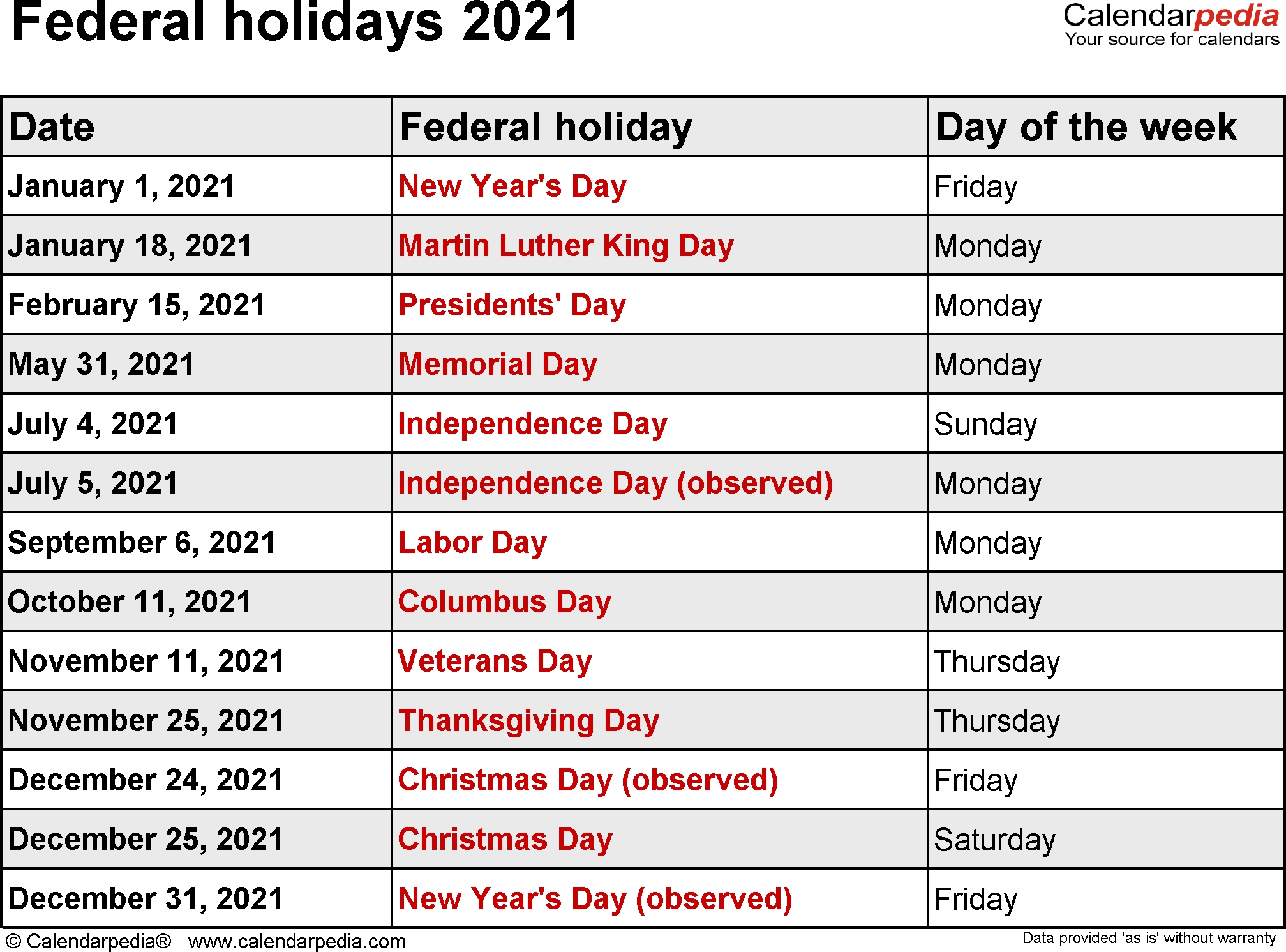 Get Government Holidays 2021