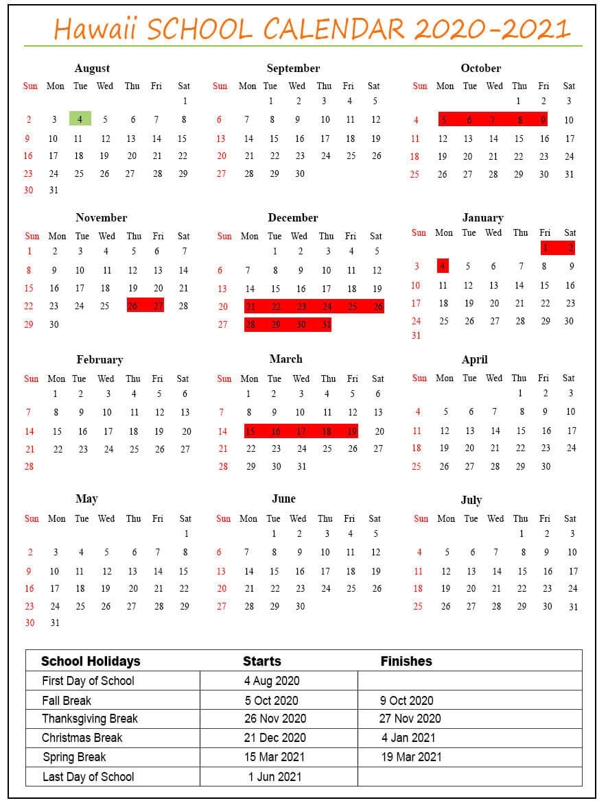 Get Hawaii Doe Calendar 2021 2021