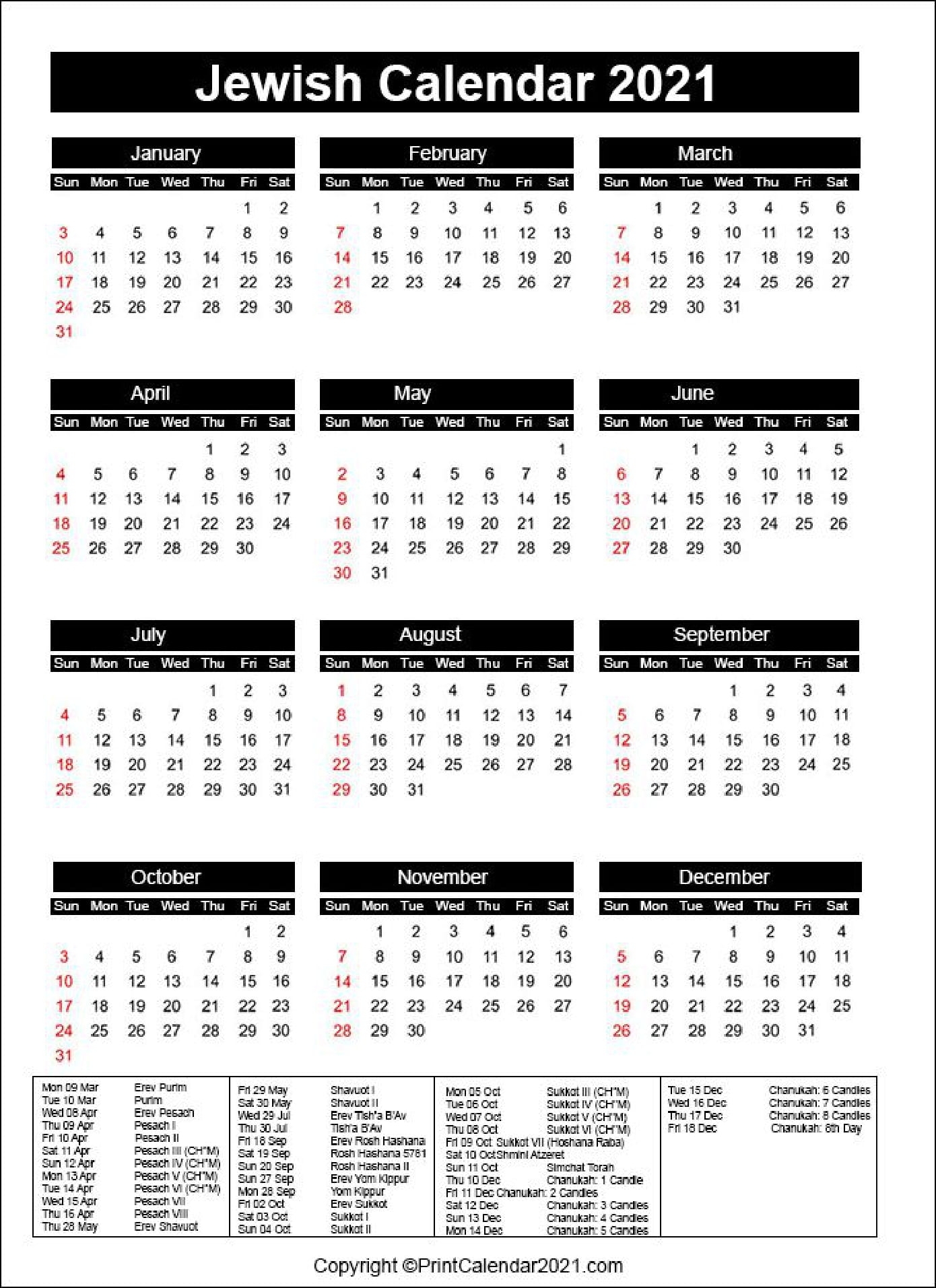 Get Jewish Calendar 2021 With Holidays Printable