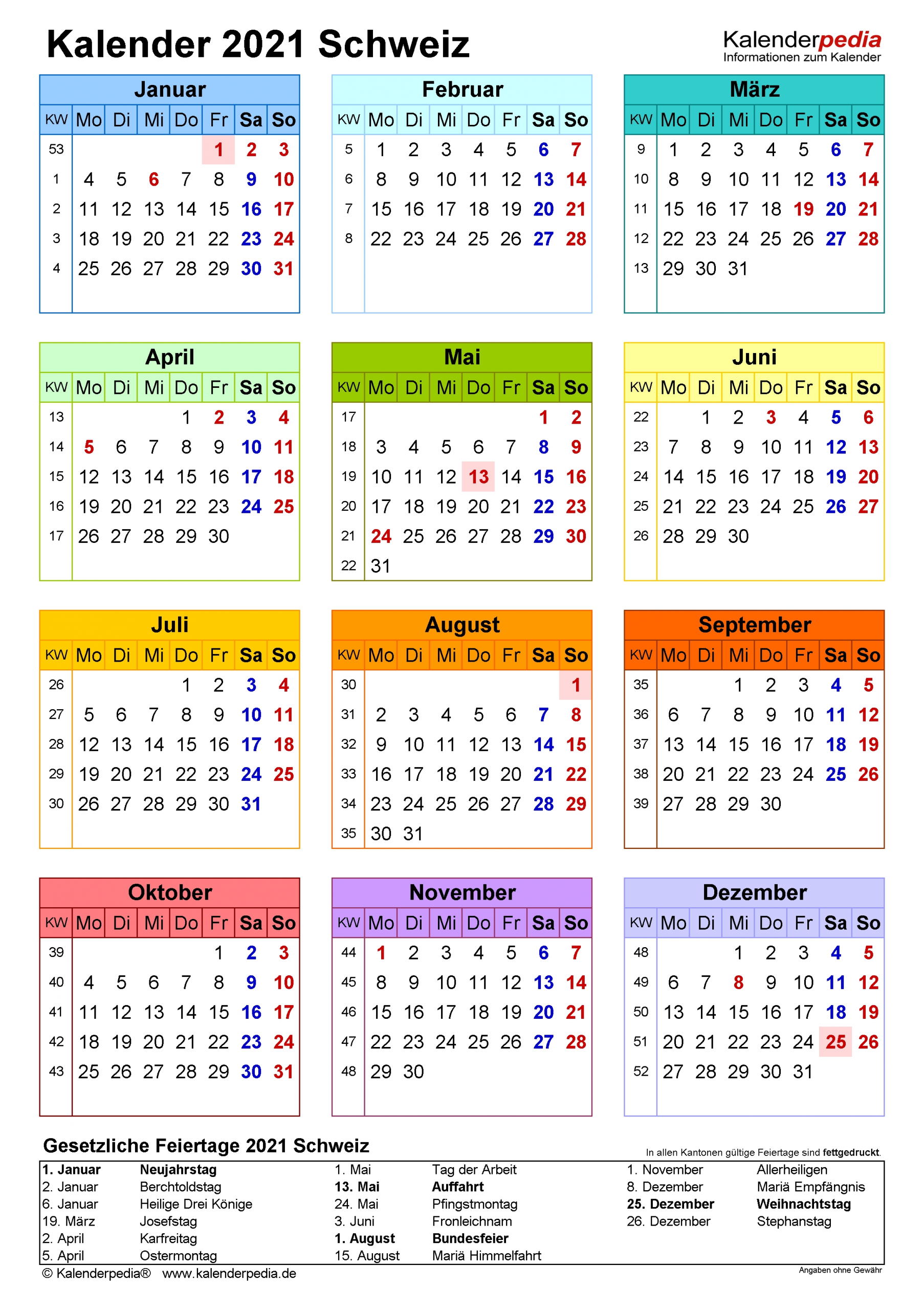 Get Kalenderpedia 2021 Schweiz Pro Monat