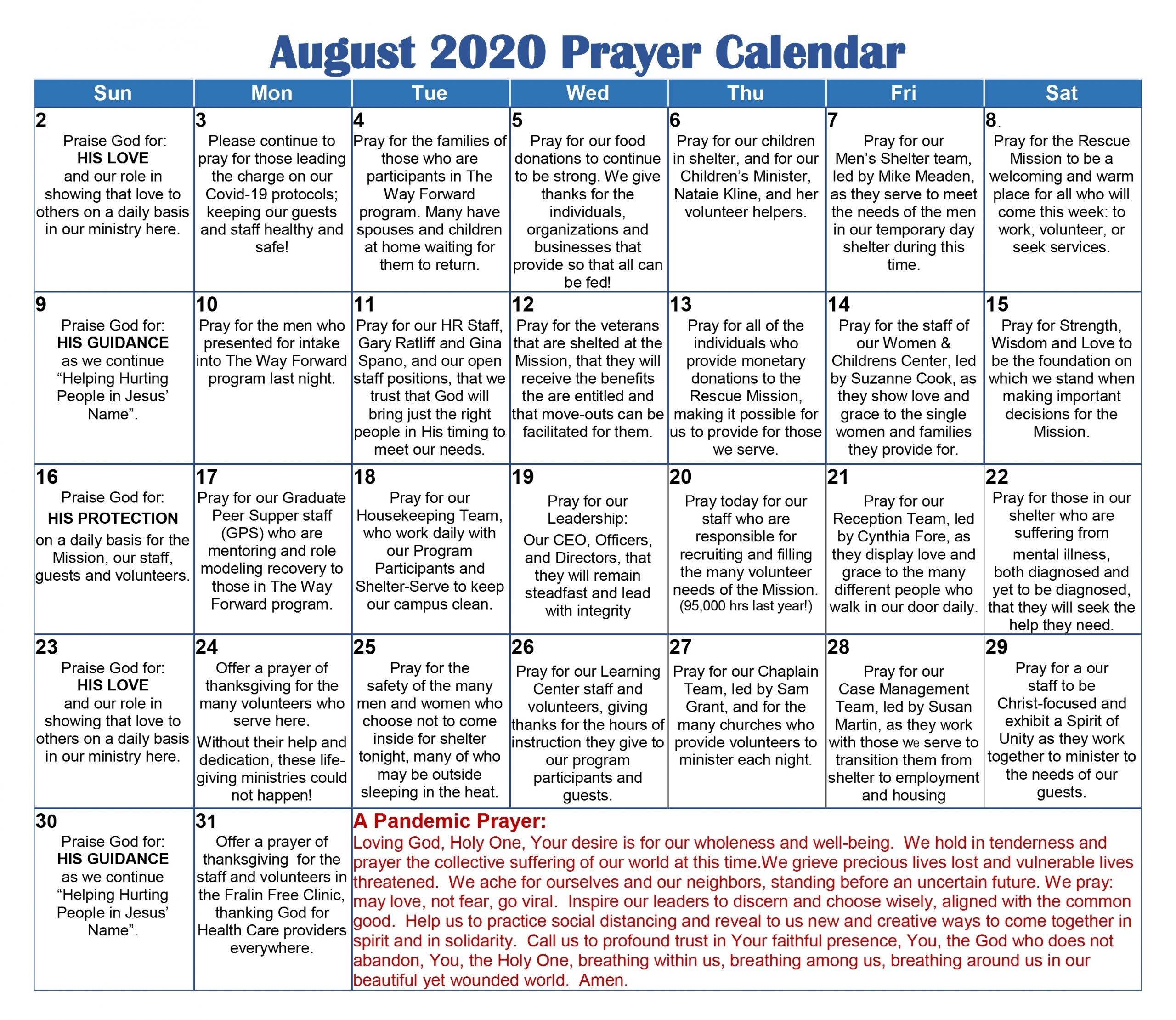 Get Prayer Calendar For August