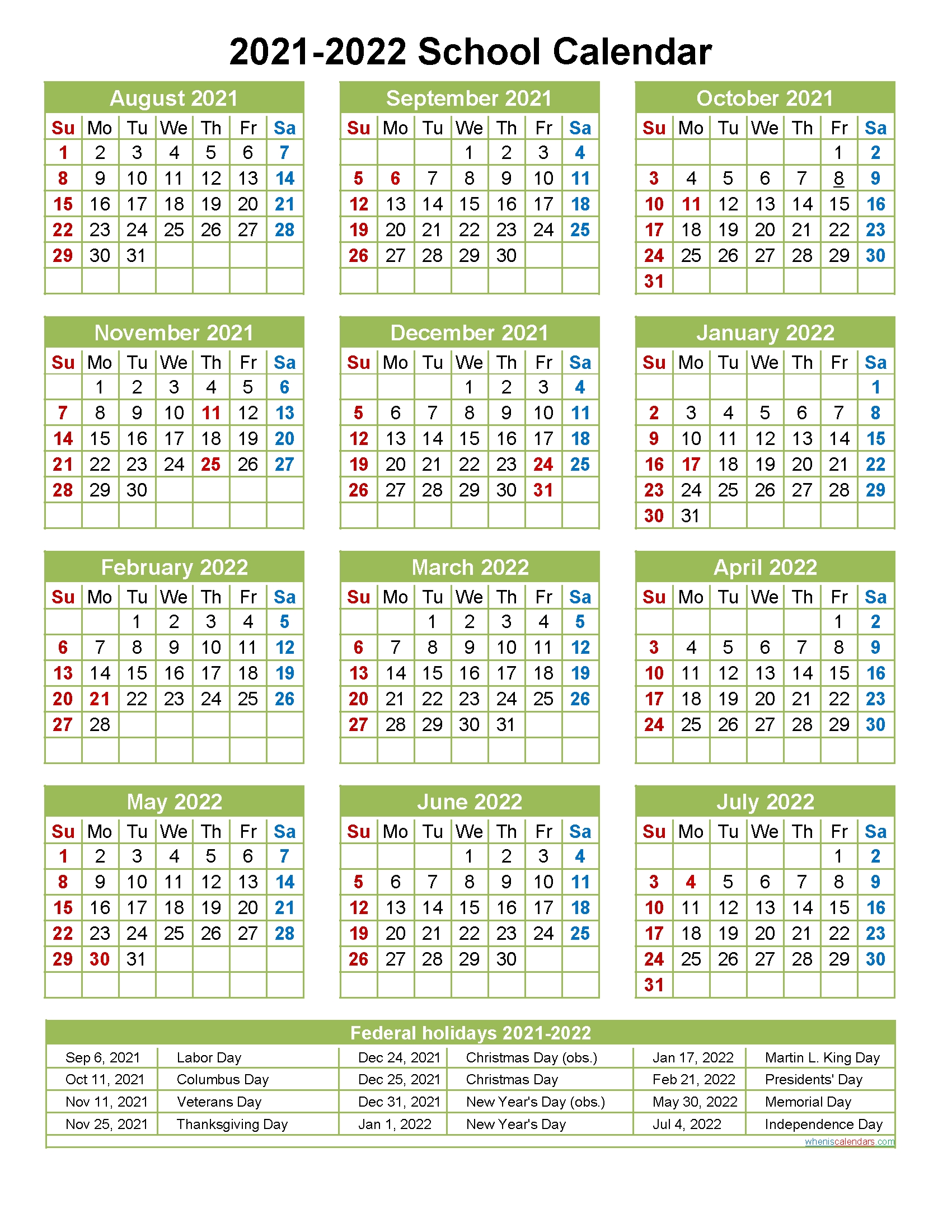 Printable 2021 2022 School Calendar Best Calendar Example