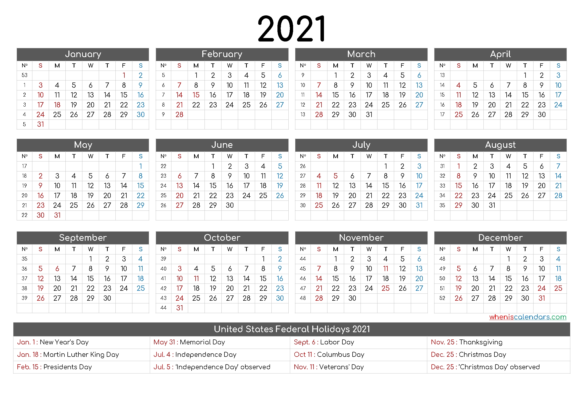 Get Printable Calendar 2021 Monthly Big Boxes