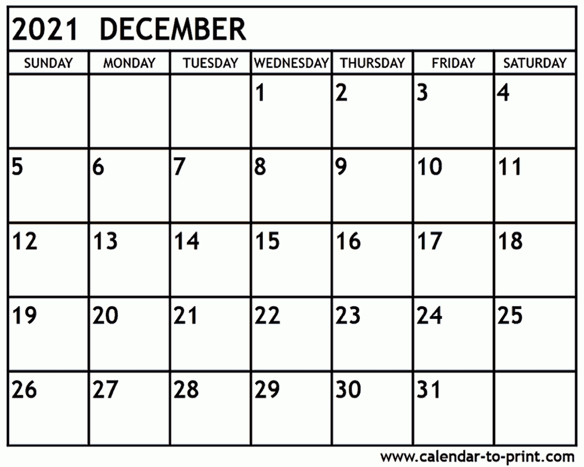 Get Printable Monthly Calendar December 2021