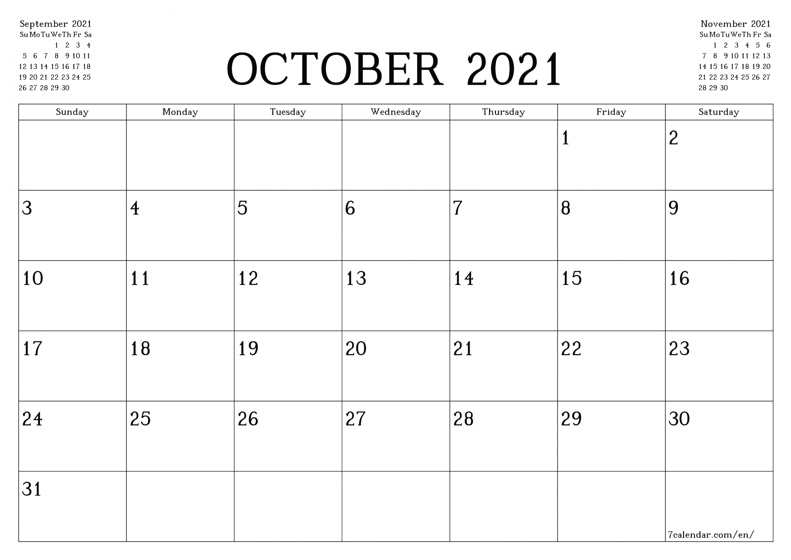 Get Printable Monthly Calendar Oct 2021 Free