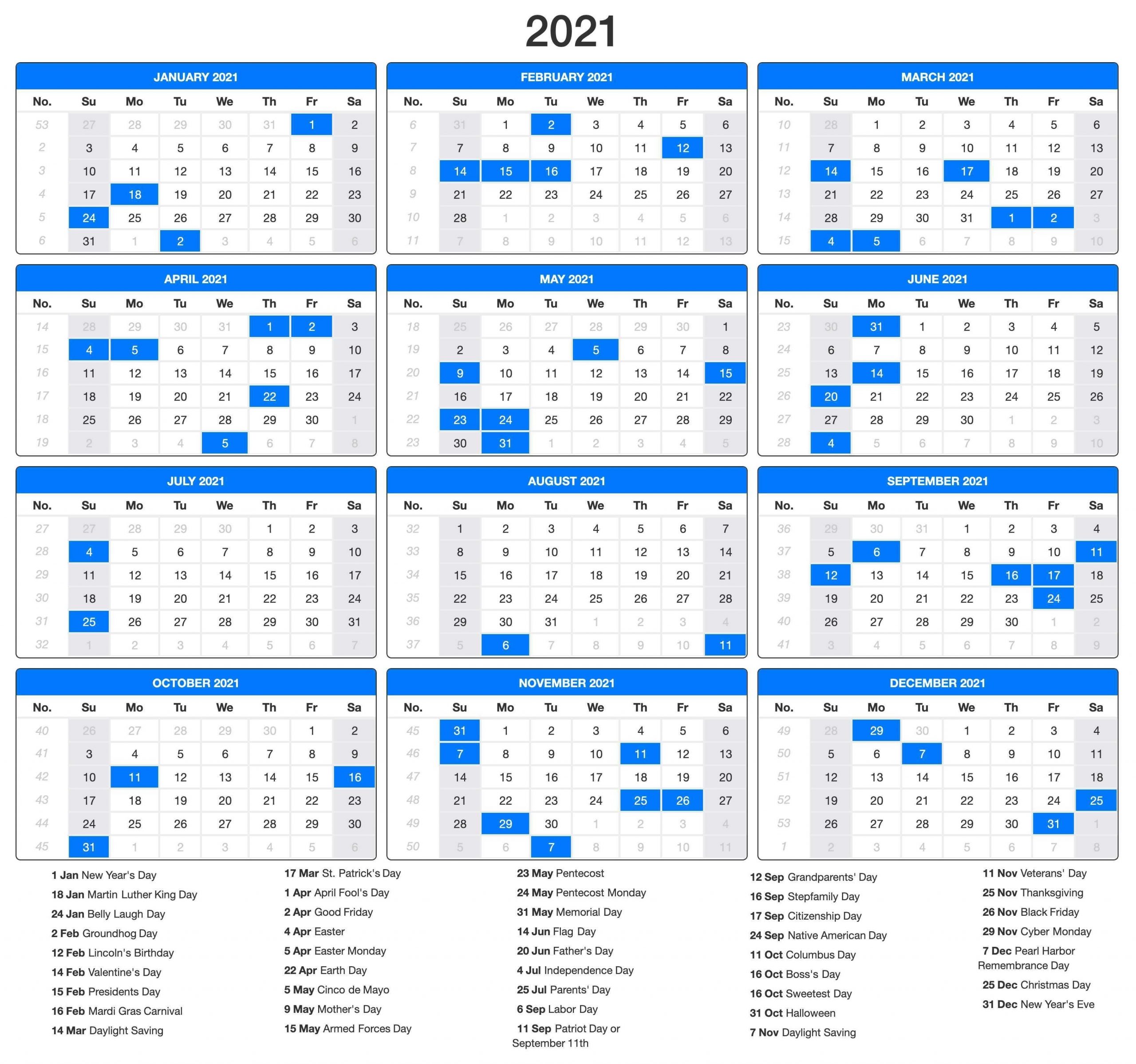 Get Printable National Calendar 2021