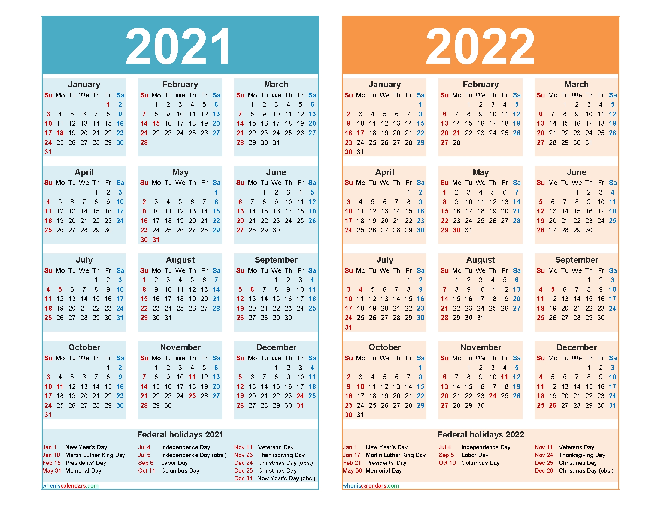 Get Printable Yearly Calendars 2021 2022