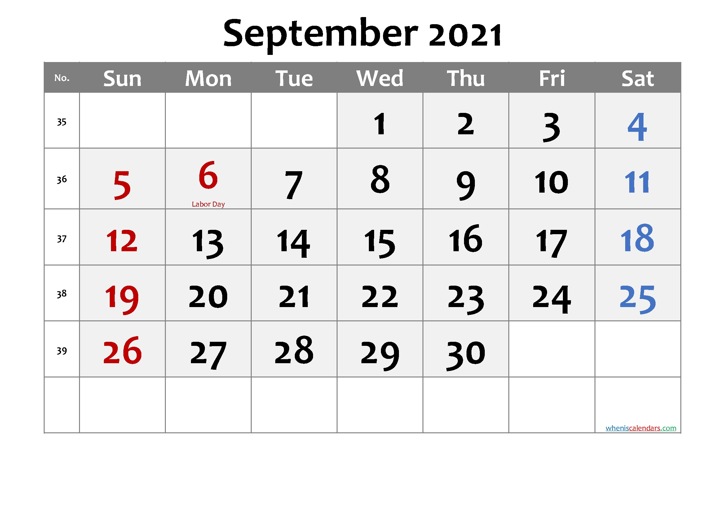Get September 2021 Calendar Printable Free Template