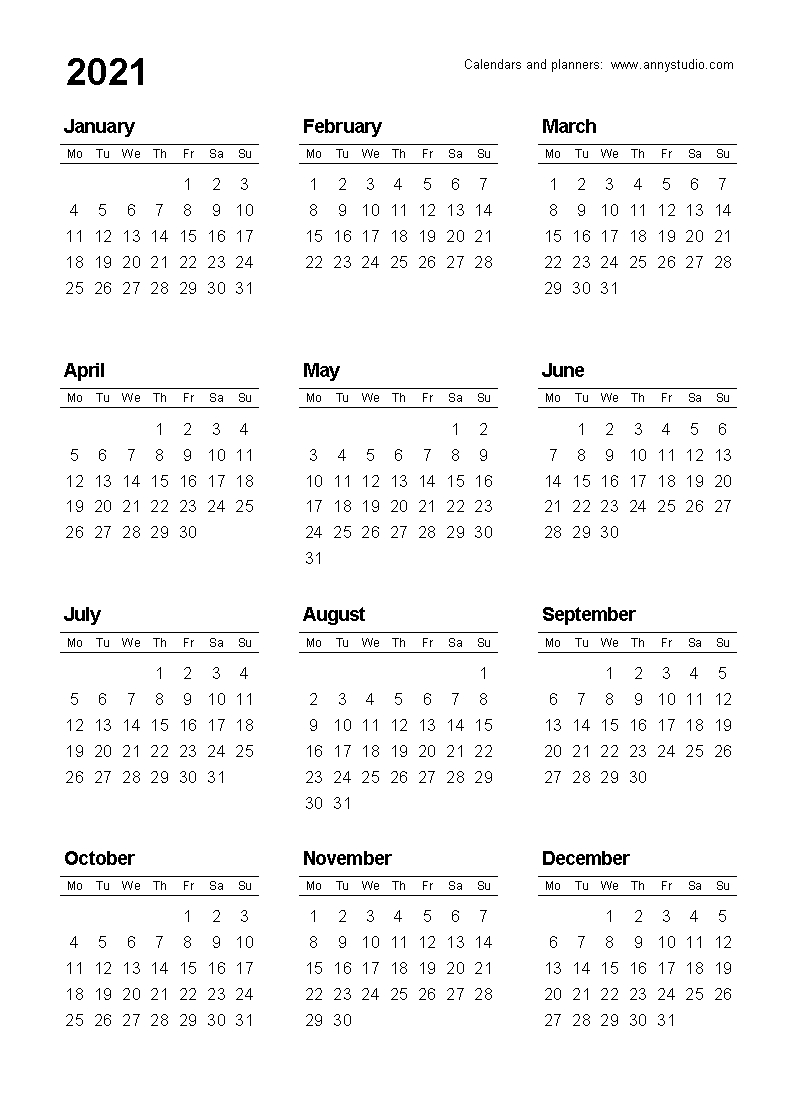 Get Yearly Calendar 2021 Monday To Sunday