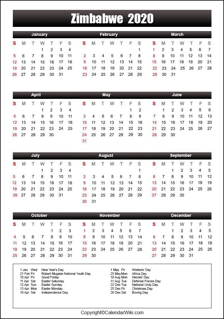 Get Zimbabwe Calendar With Holidays