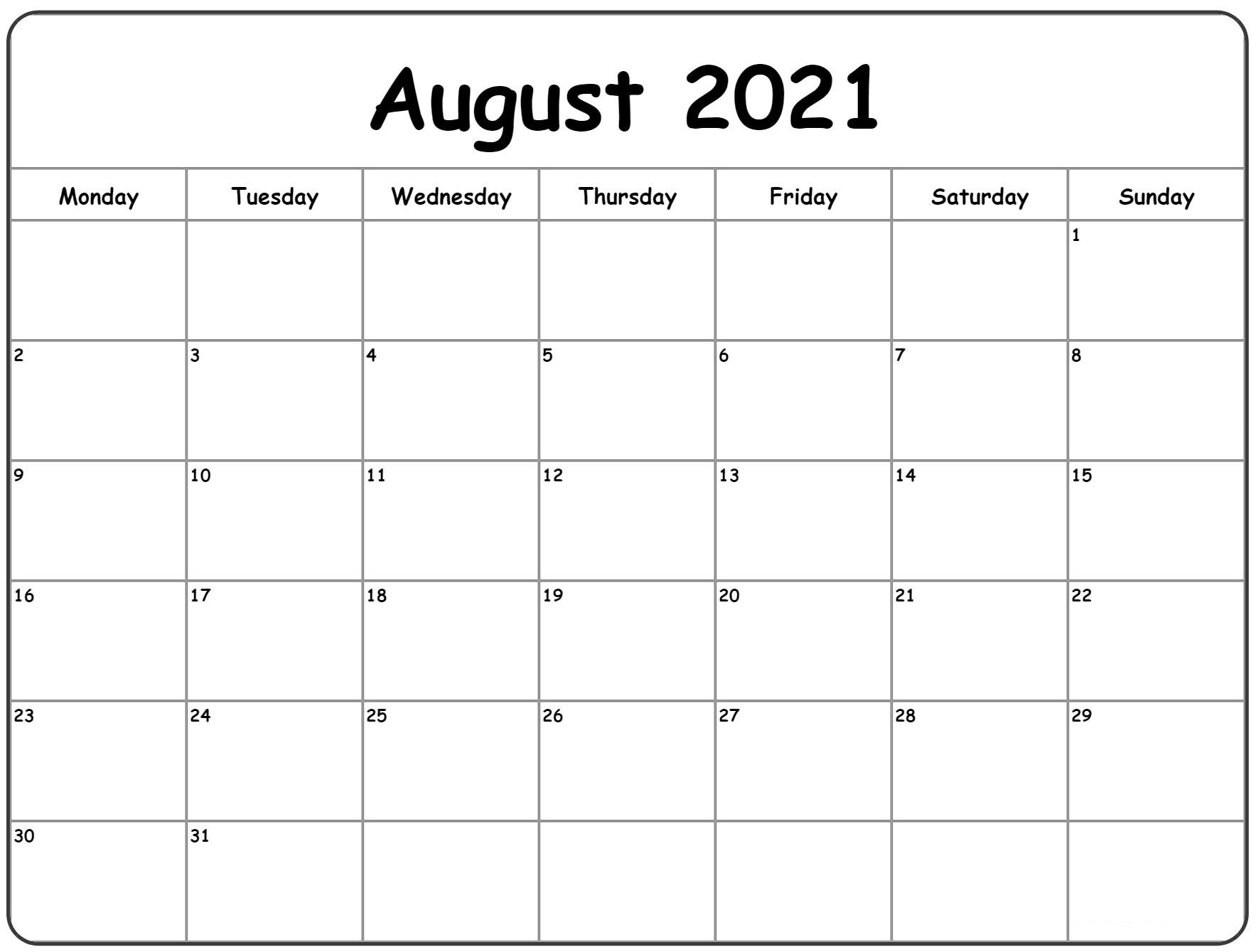 Pick August 2021 Calendar Fill In