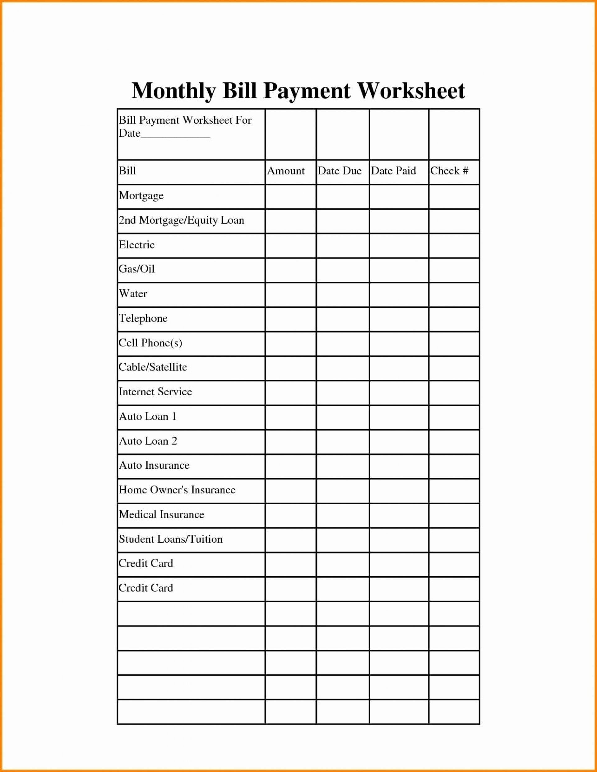 Pick Bill Payment Worksheet Printable