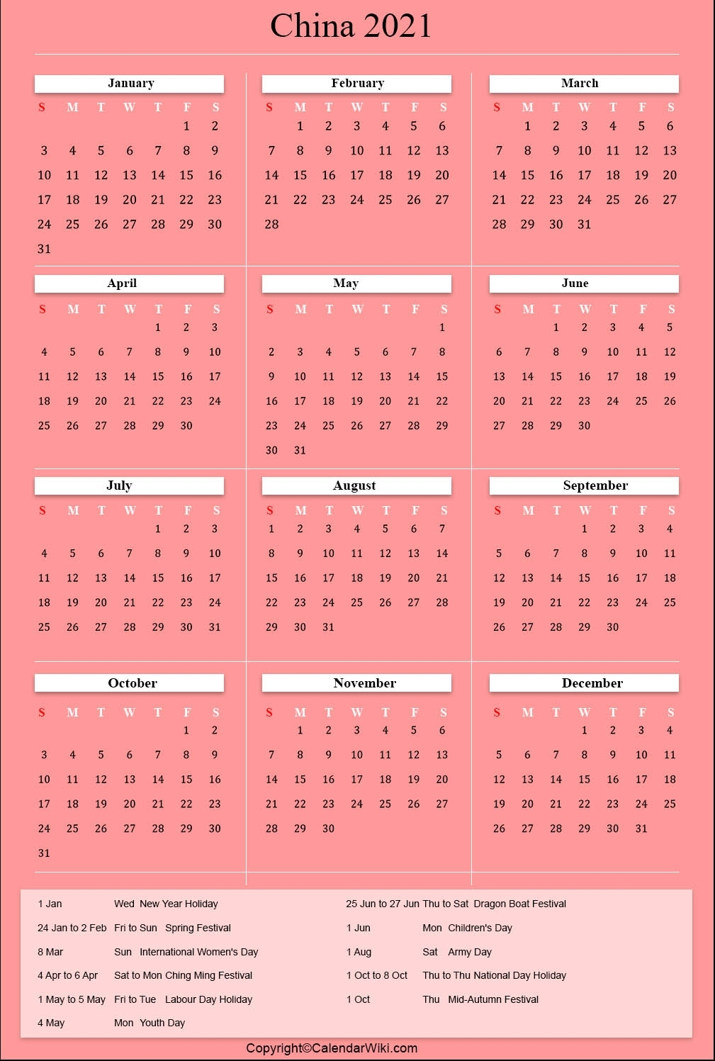 Pick China Holiday Calendar 2021