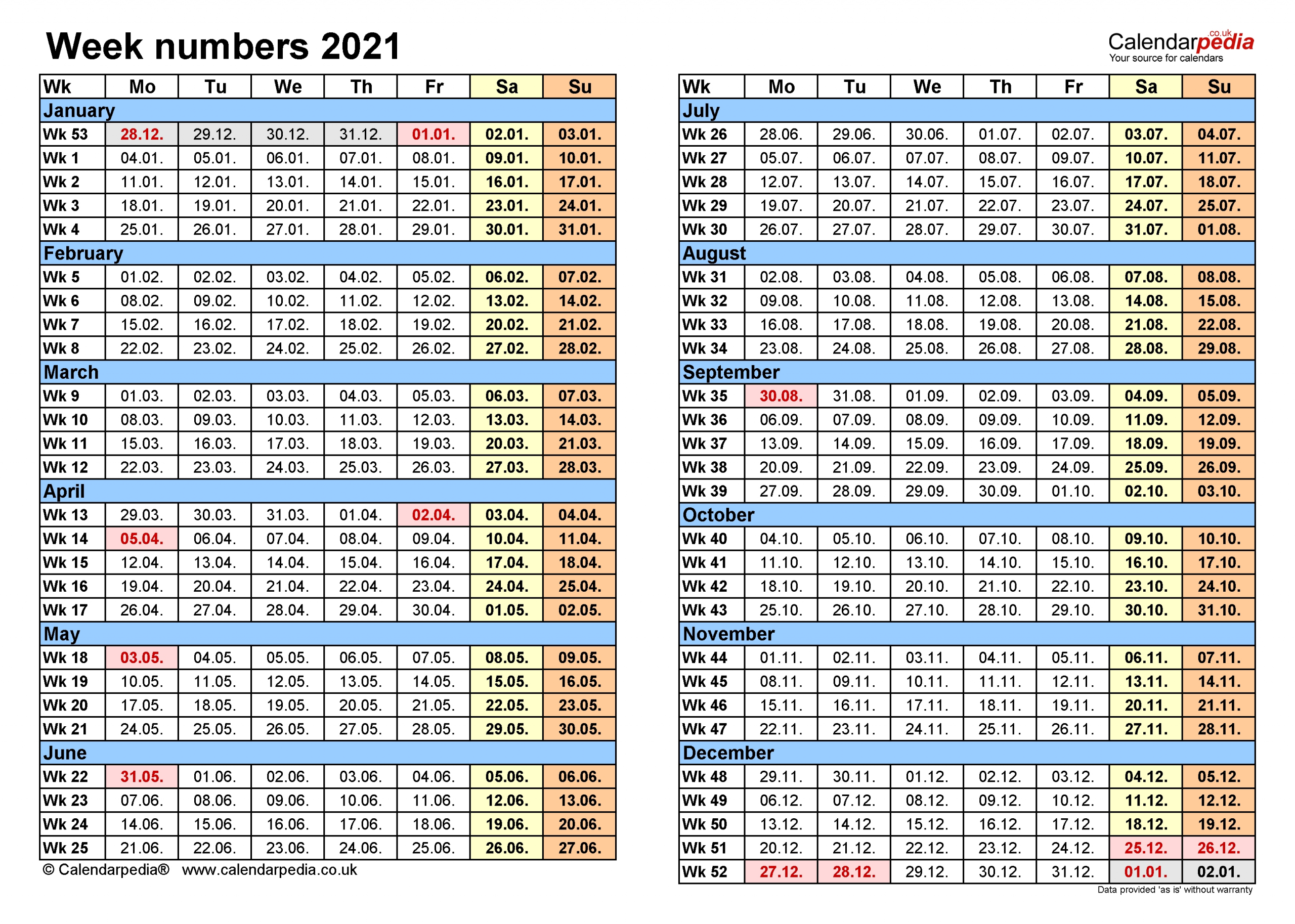 Pick Excel Calendar With Week Numbers 2021