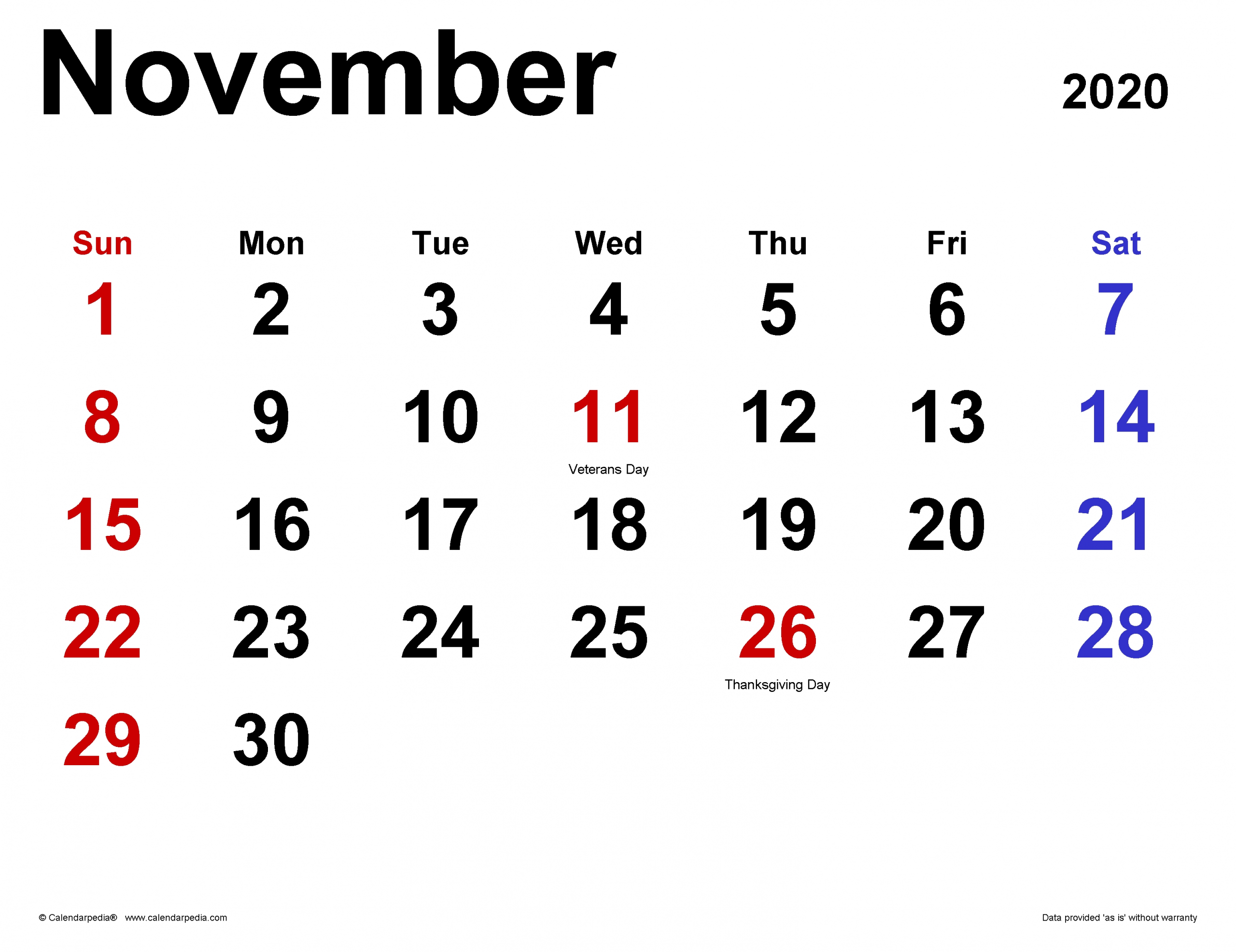 Pick Festive November 2021 Calendar Printable