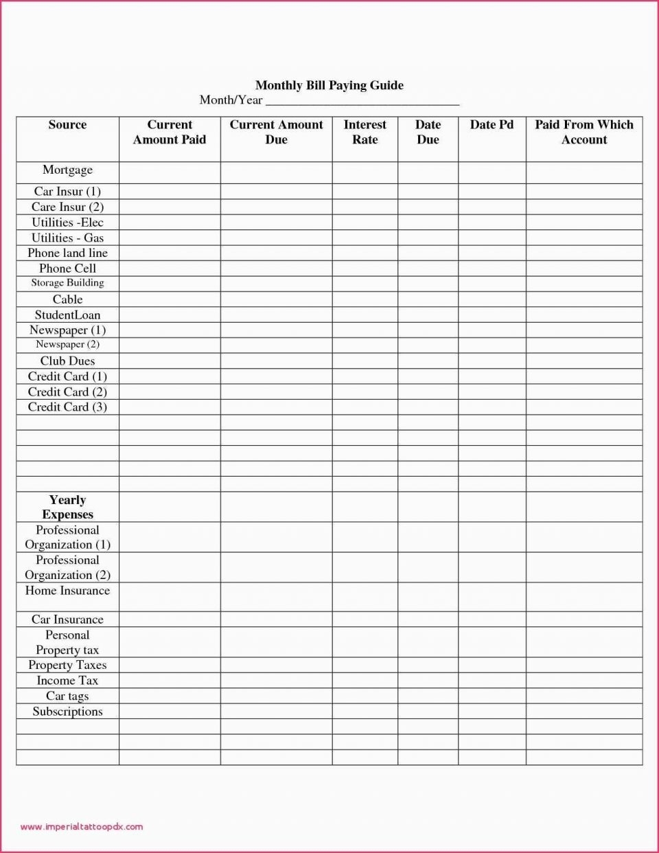Pick Free Printable Bill Payment Chart