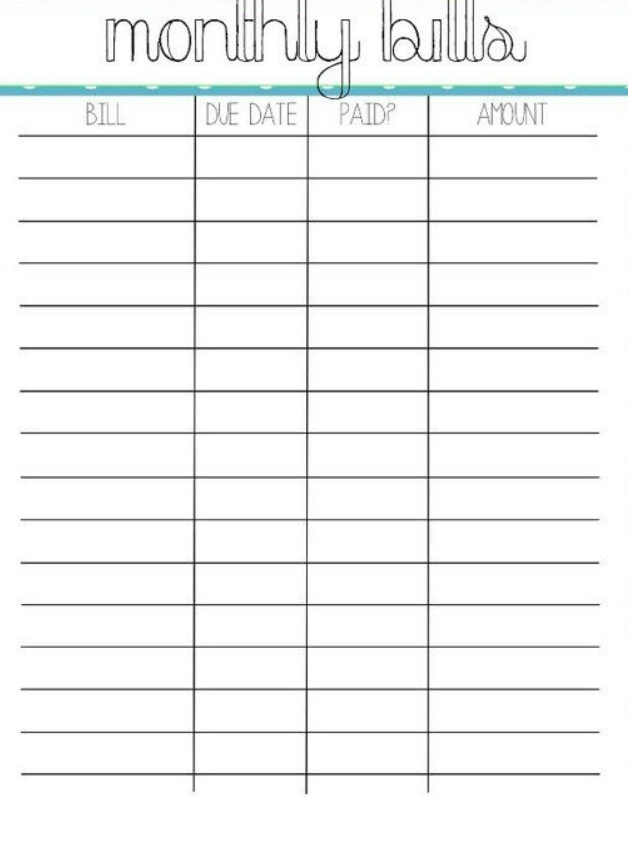 Pick Free Printable Blank Monthly Bill Payment Worksheet