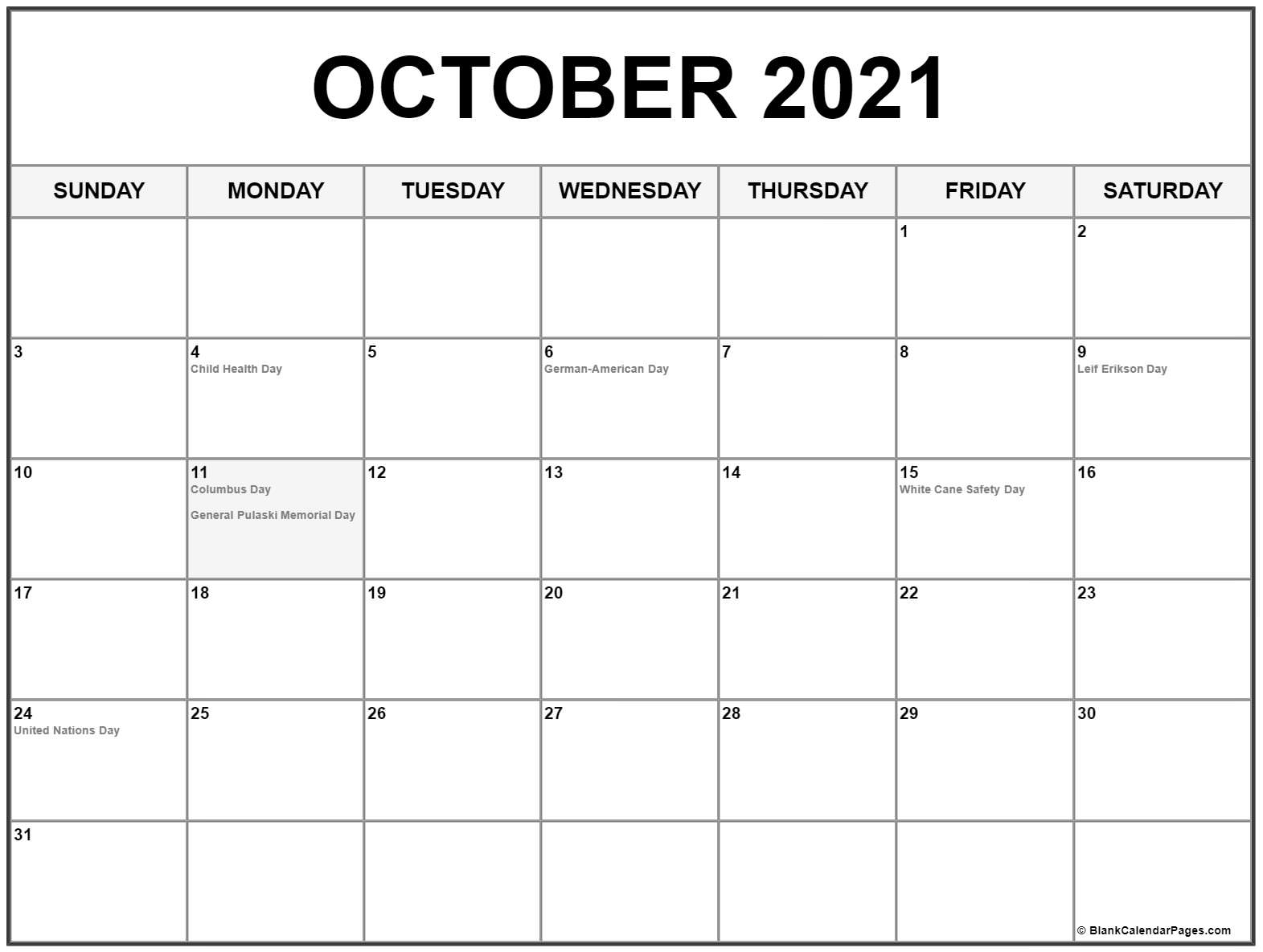 Pick Free Printable October 2021 Calendar