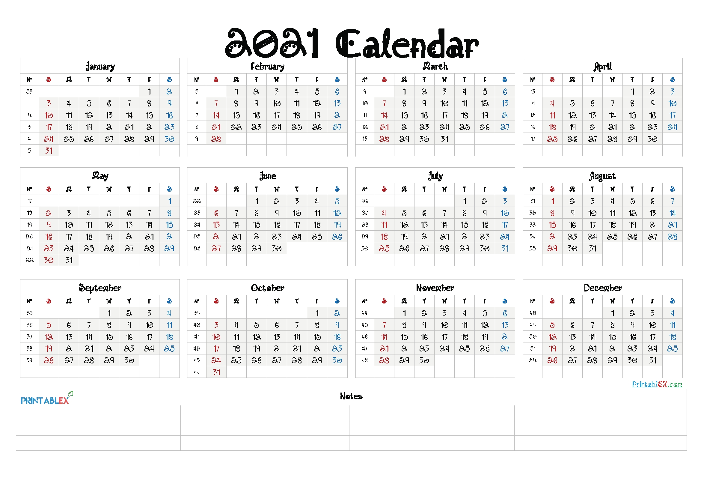 Pick Free Printable Yearly Calendar 2021