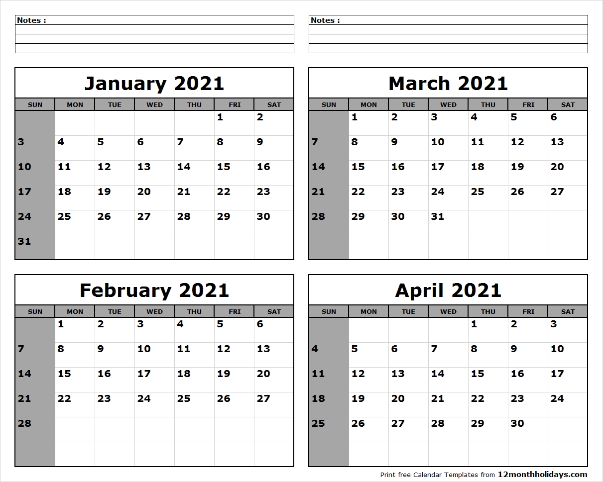 Pick January February March April 2021 Calendar Printable