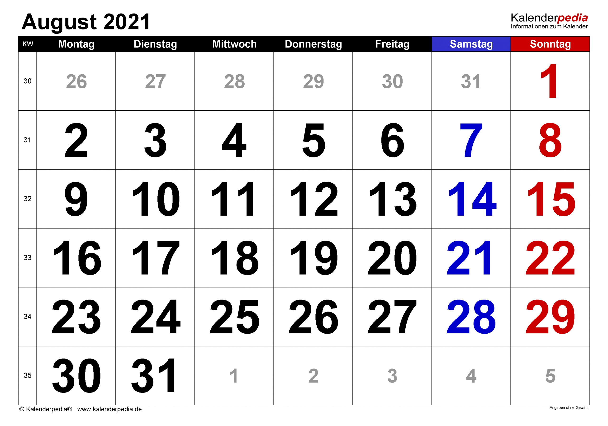 Pick Kalender Monat August 2021 Zum Ausdrucken Kostenlos