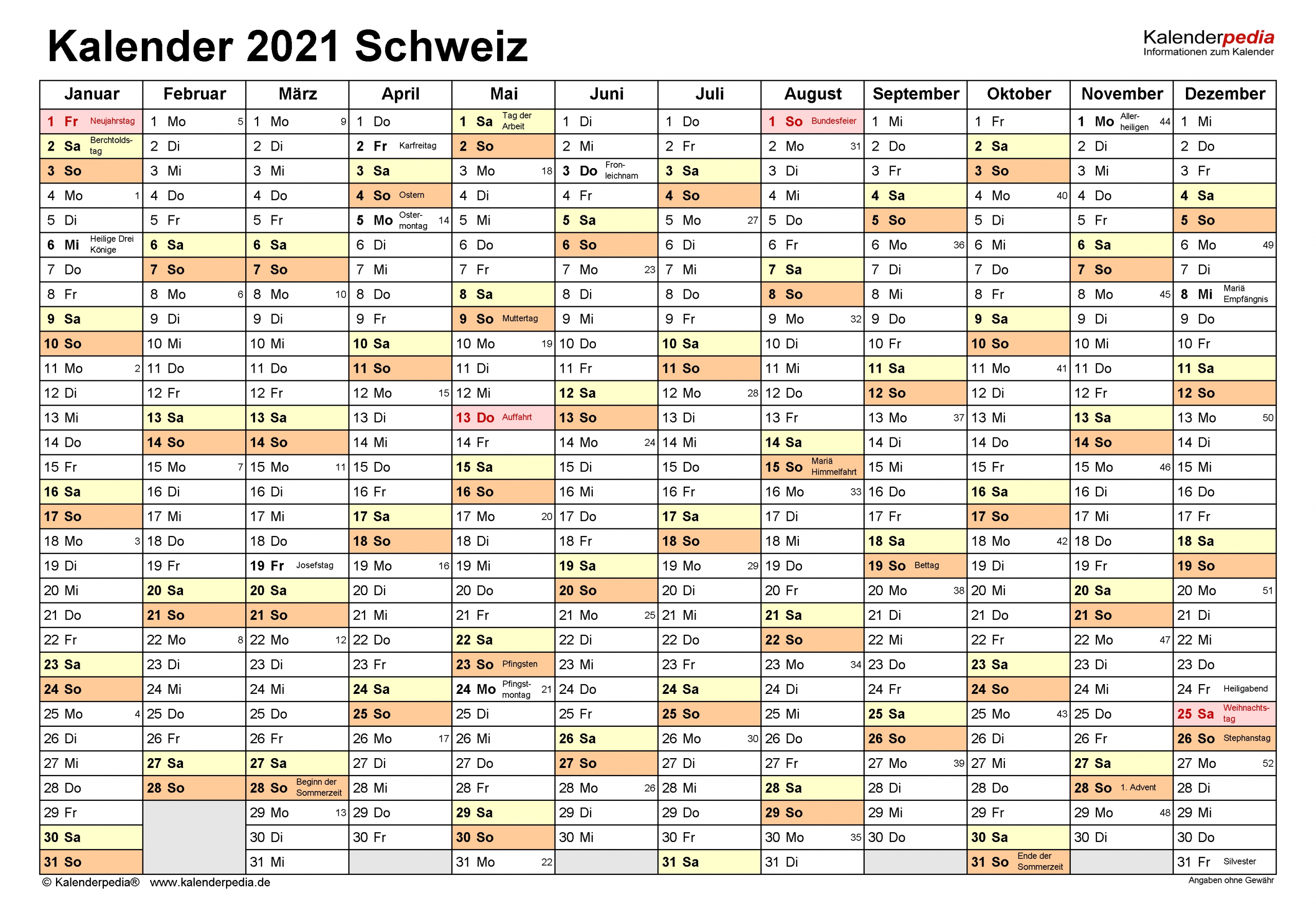 Pick Kalenderpedia 2021 Schweiz Pro Monat