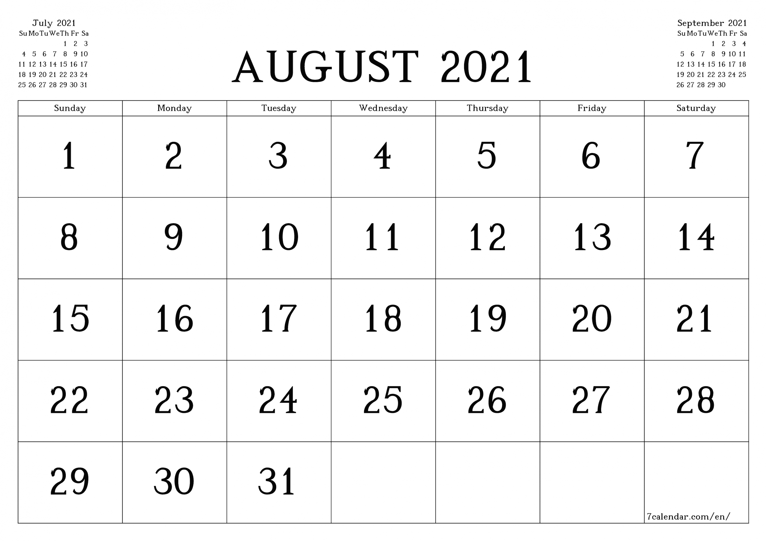 Pick Letter Size August 2021 Calendar