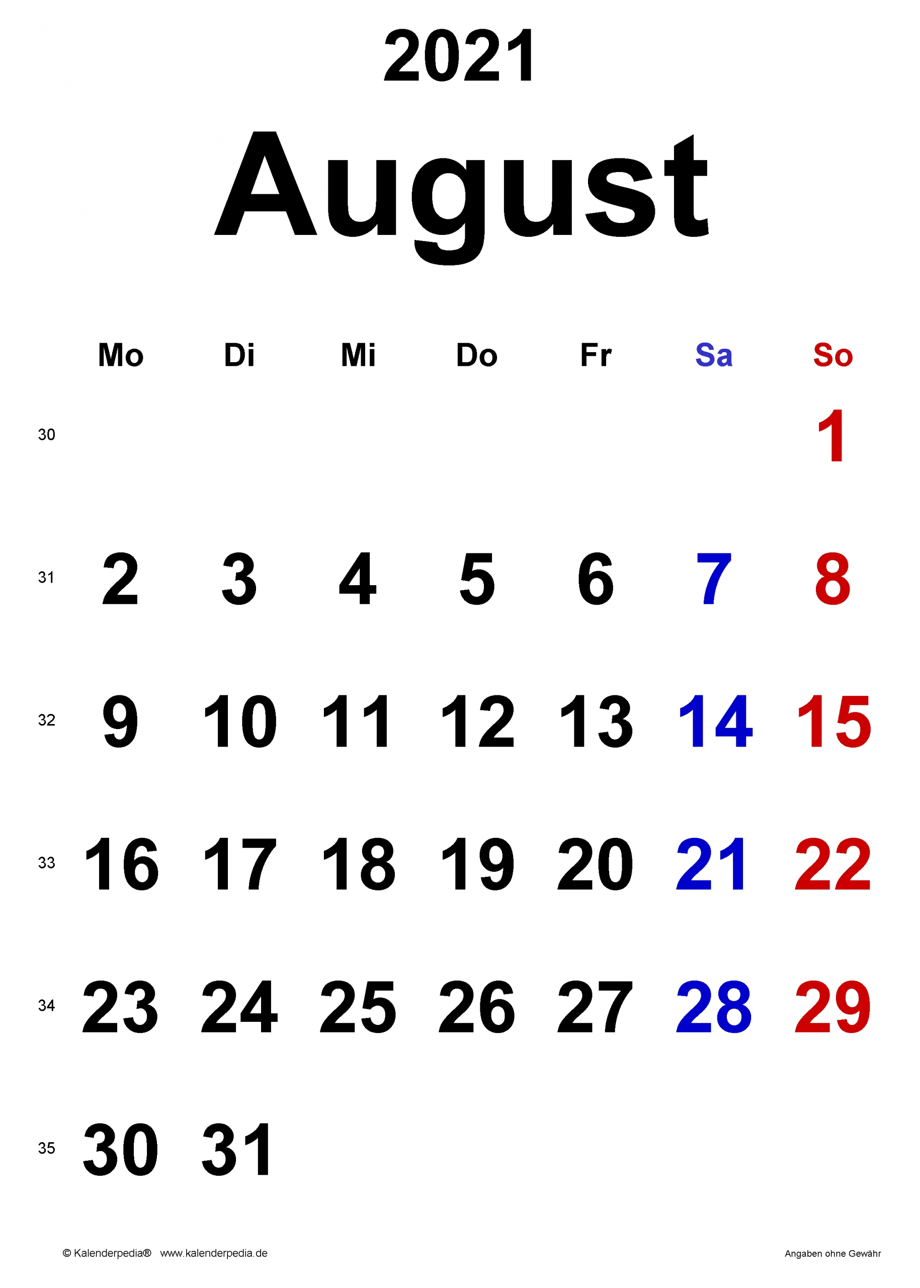 Pick Monatskalender August 2021 Pdf