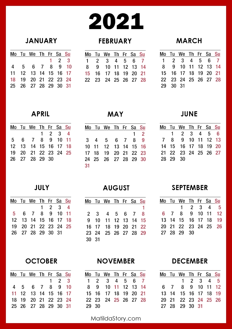 Pick Monday Through Sunday Calendar 2021