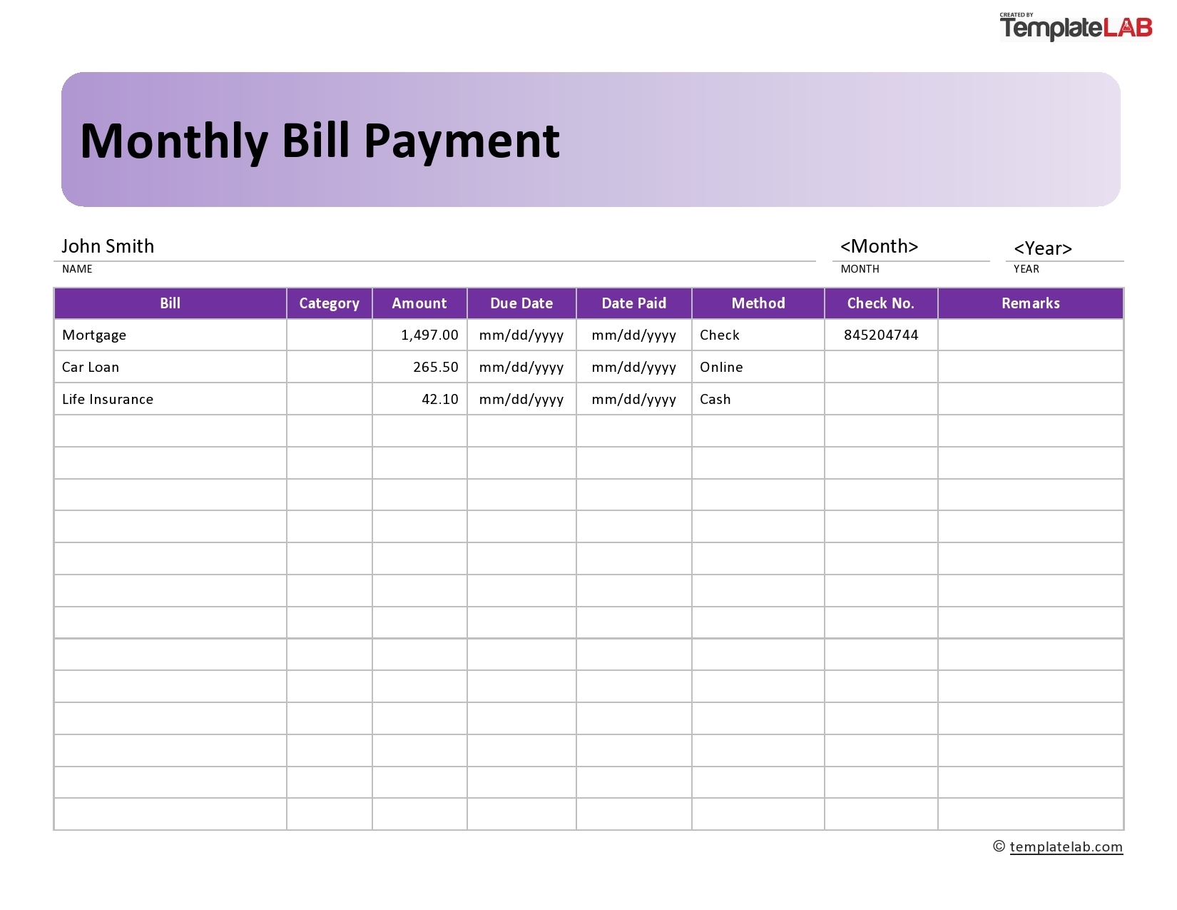 Monthly Bill Payment Log Best Calendar Example