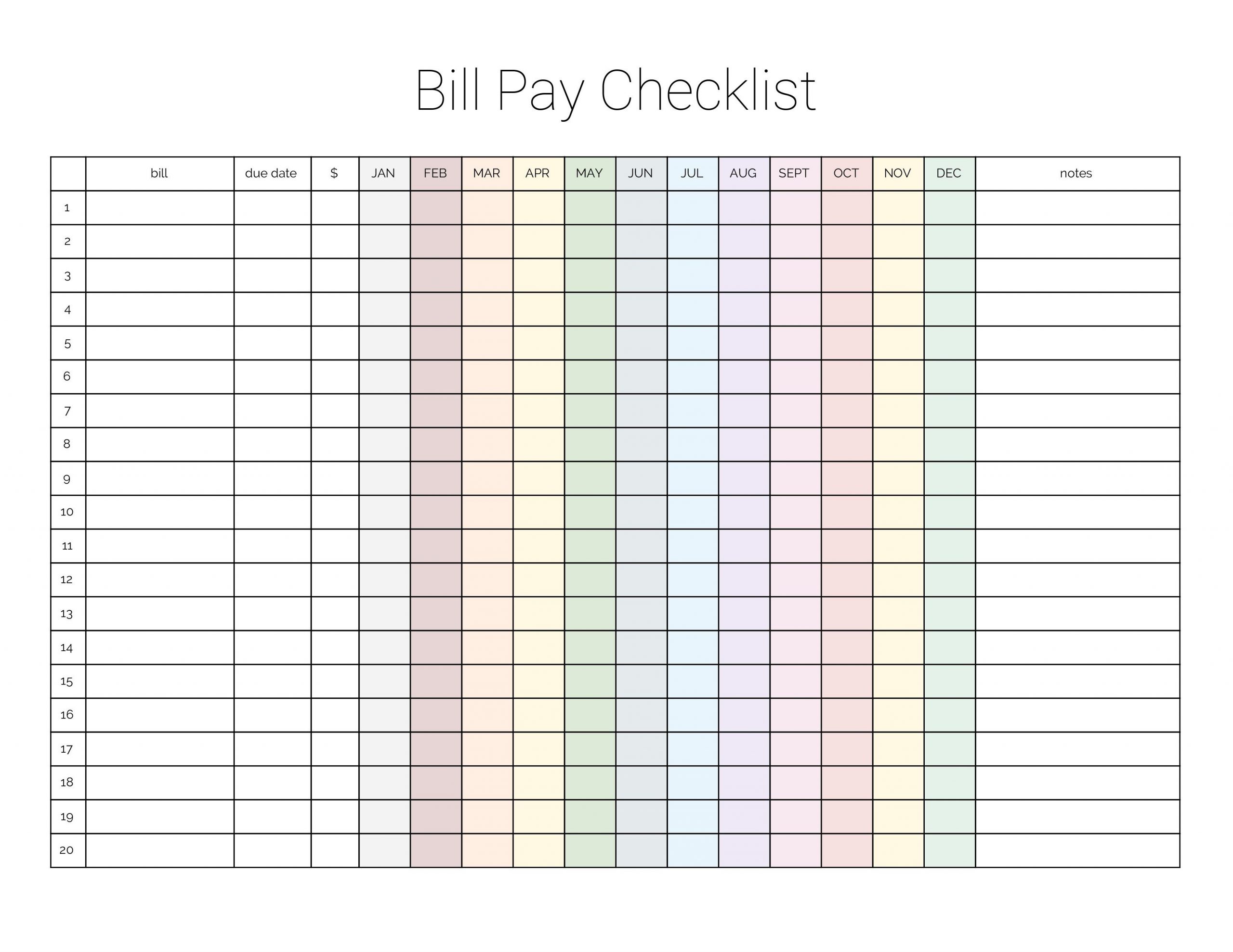 Pick Monthly Bills Due List Printable