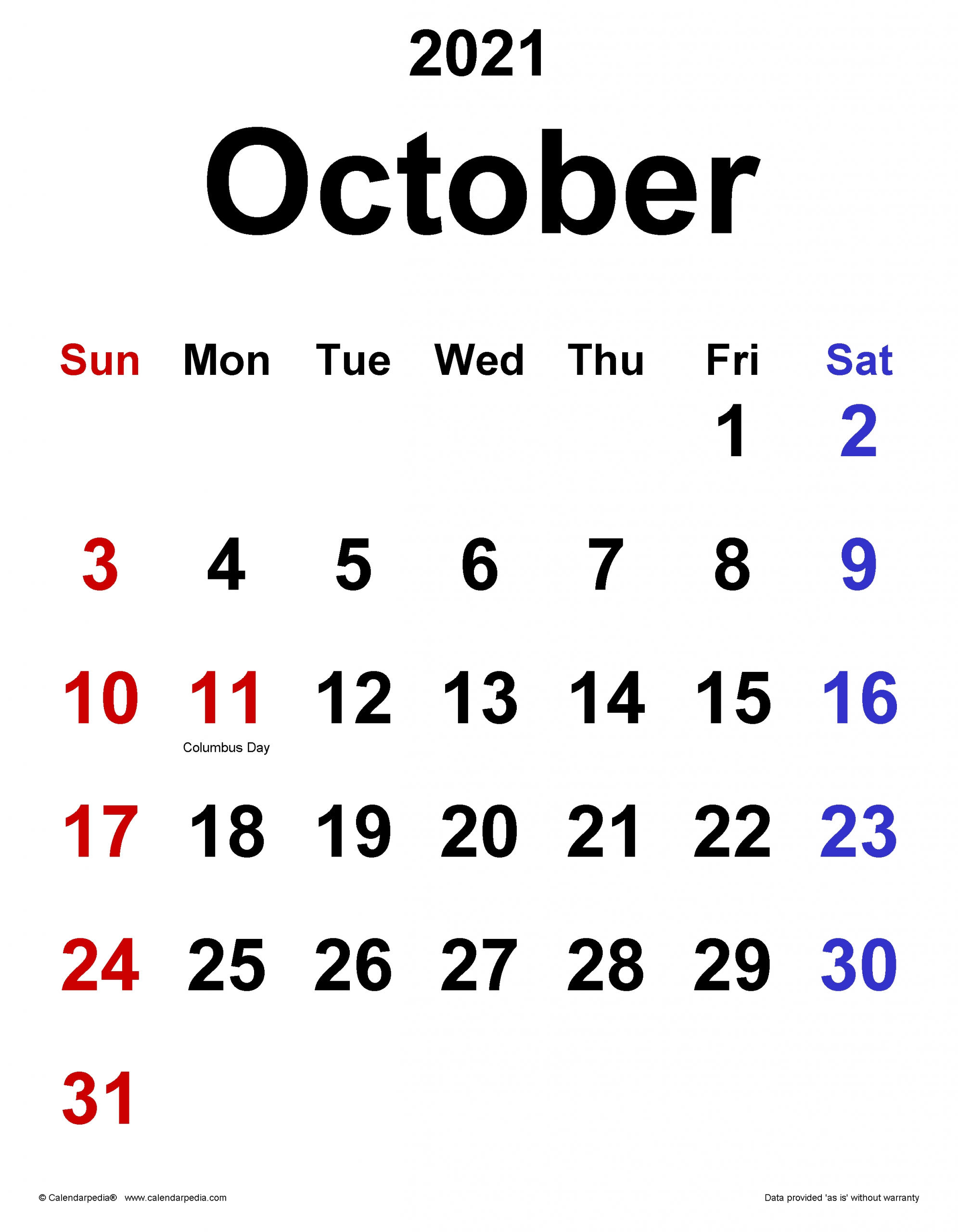 Pick October 2021 Calendar With Writing Space