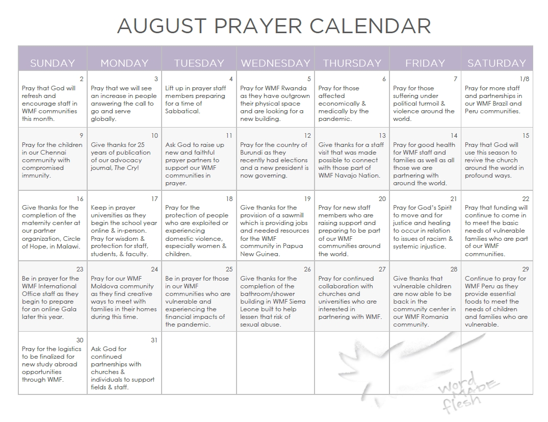 Pick Prayer Calendar For August