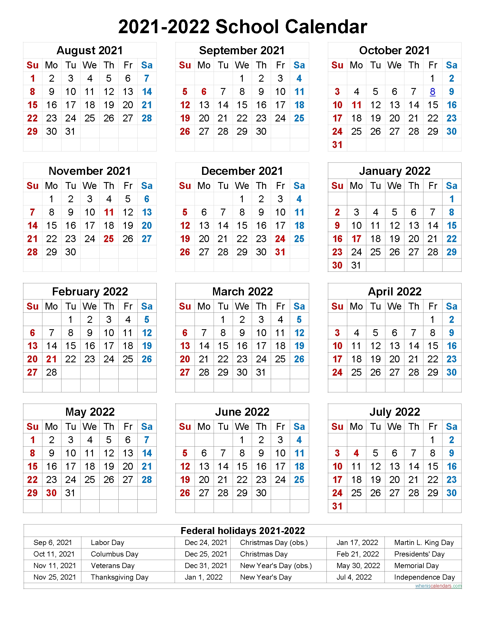 Pick Printable 2021 2022 School Calendar