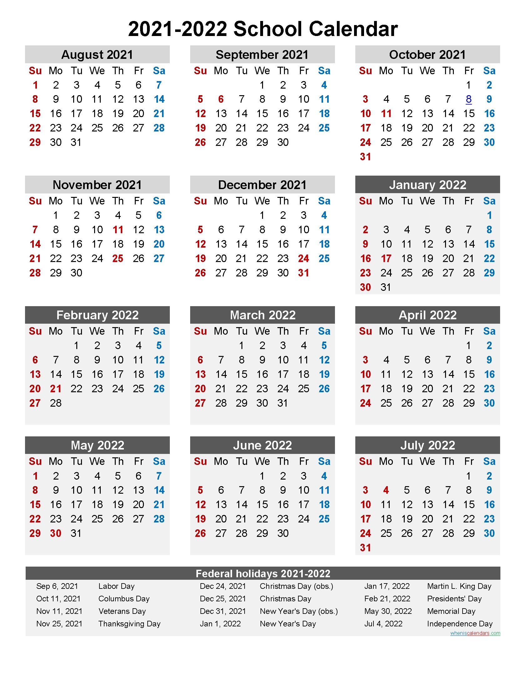 Pick Printable 2021 2022 School Calendar