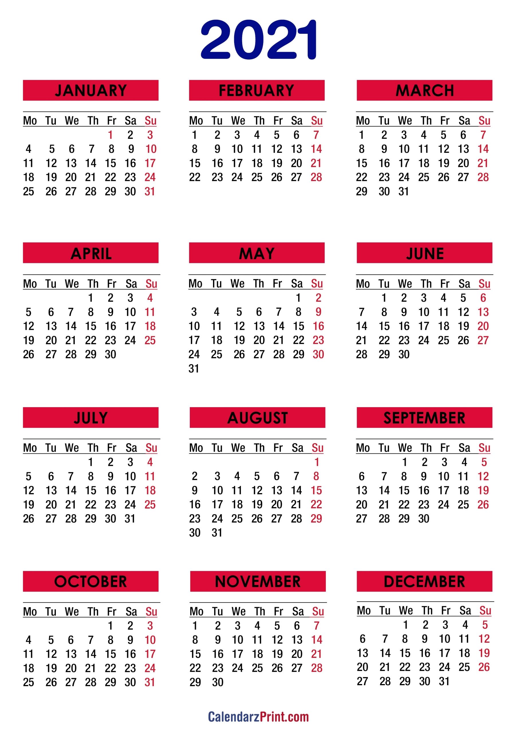 Pick Printable Calendar 2021 Starts On Monday