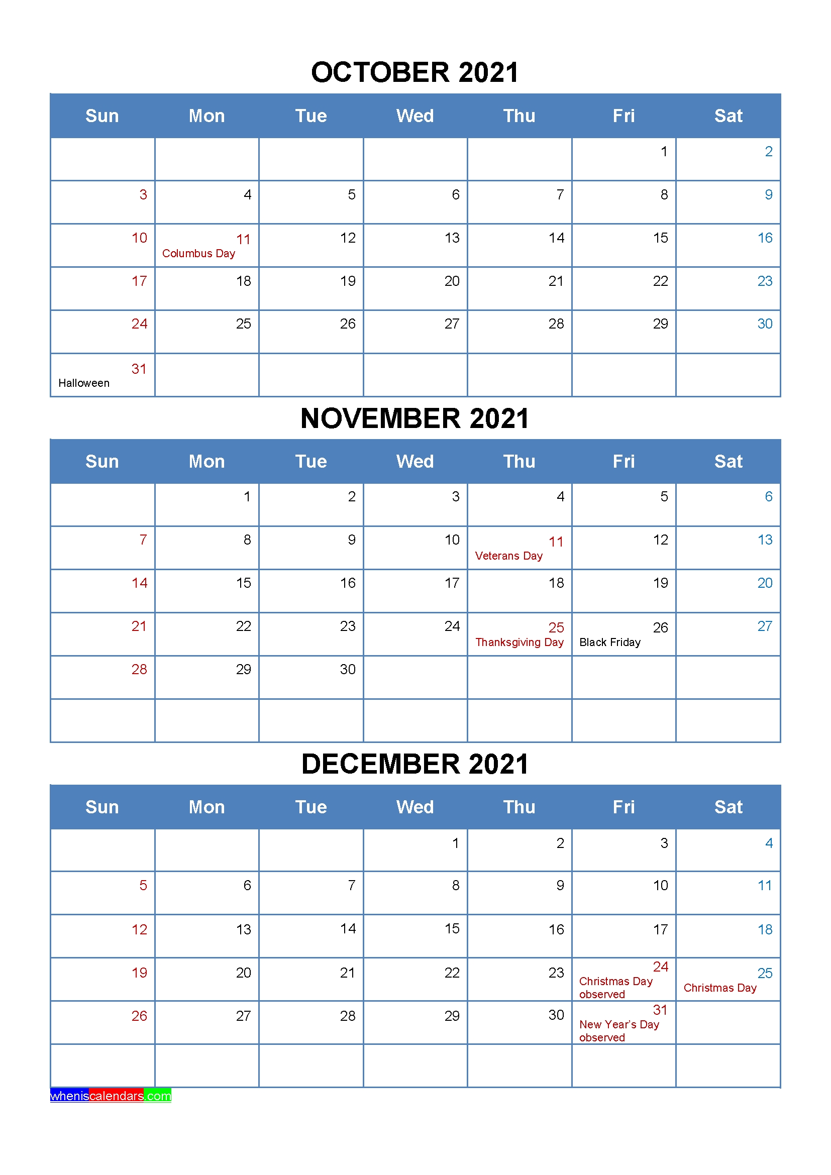 Pick Quarterly 2021 Calendar Printable Oct Nov Dec