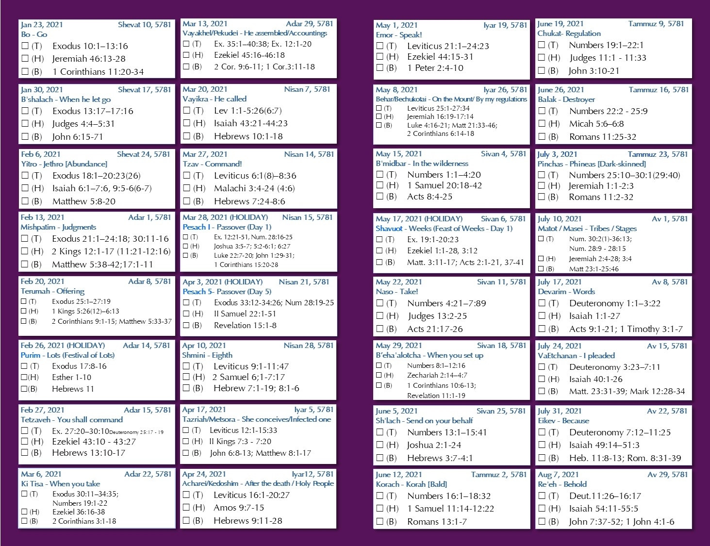 Pick Torah Reading Schedule 2021