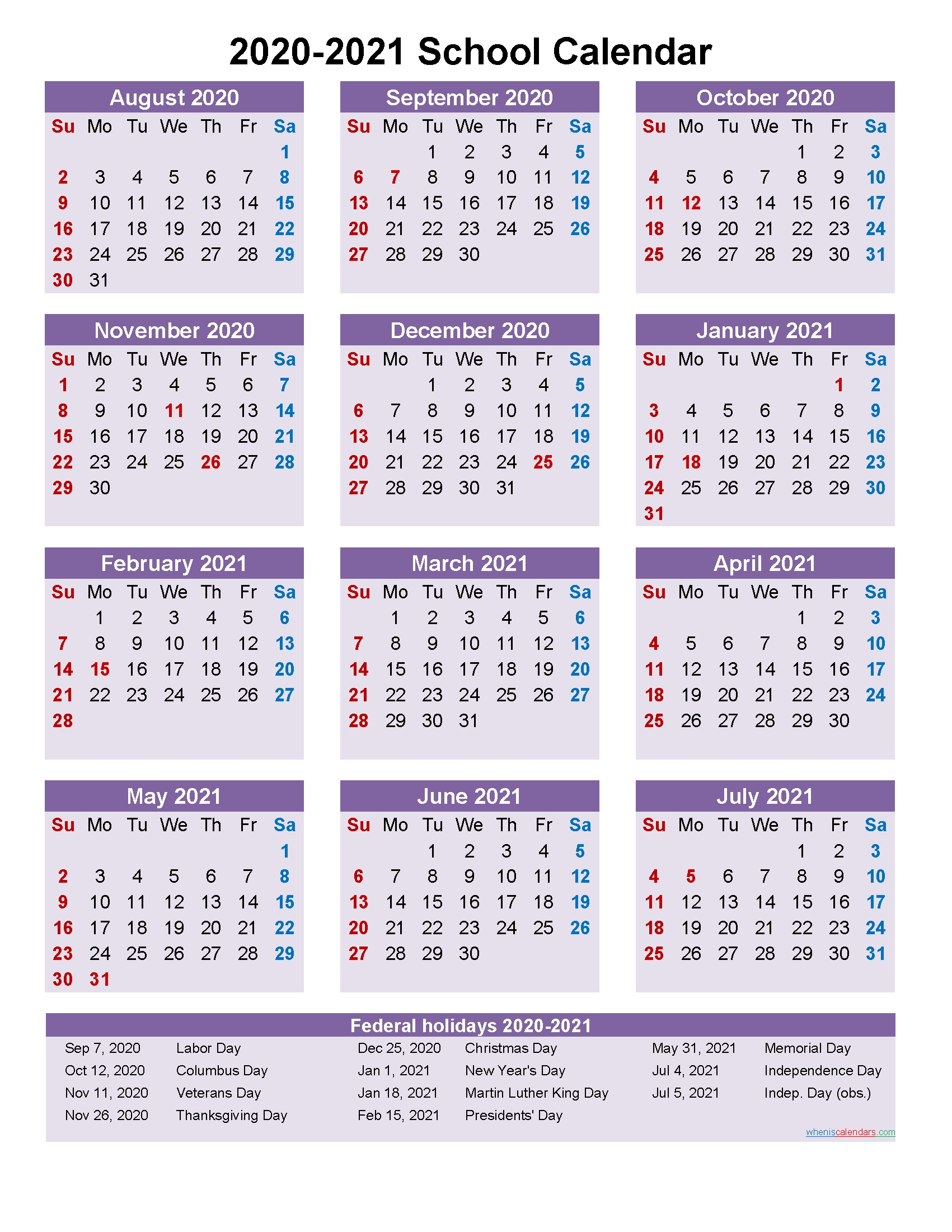 Pick Year At A Glance School Calendar Printable