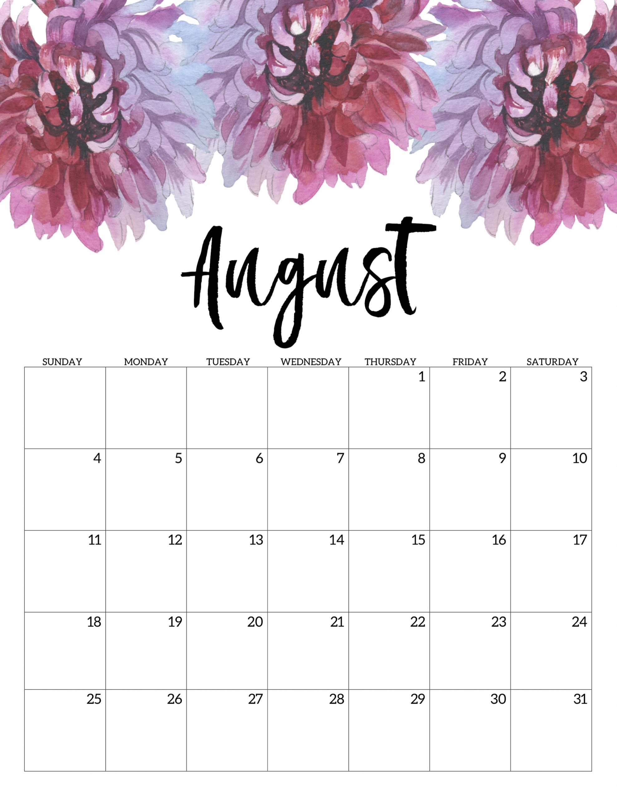Take August Girly Printable Calendar