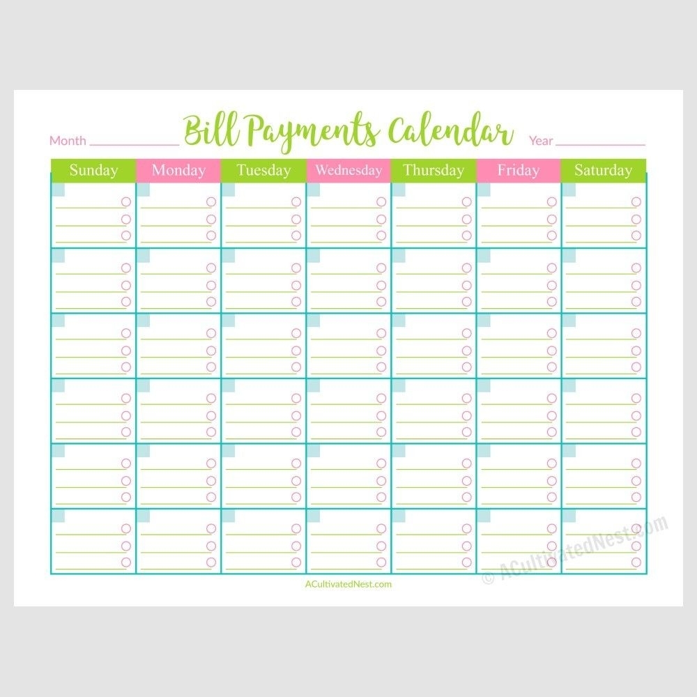 Take Bill Calendar Free Printable