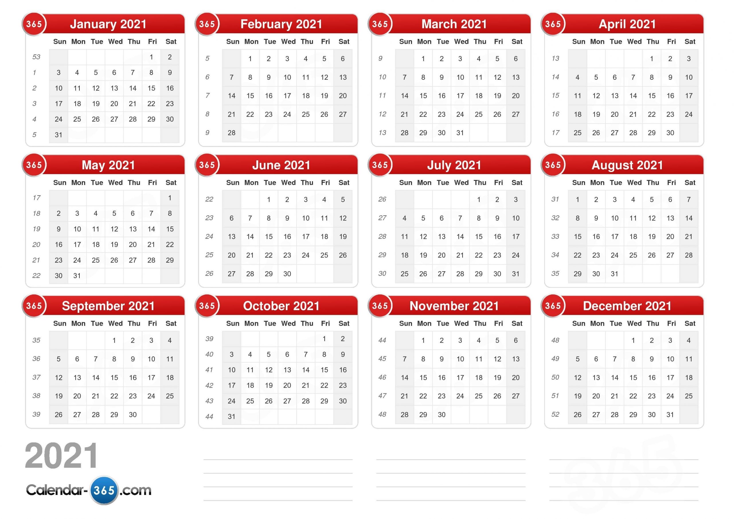 Take Calendar With Days Numbered For 2021