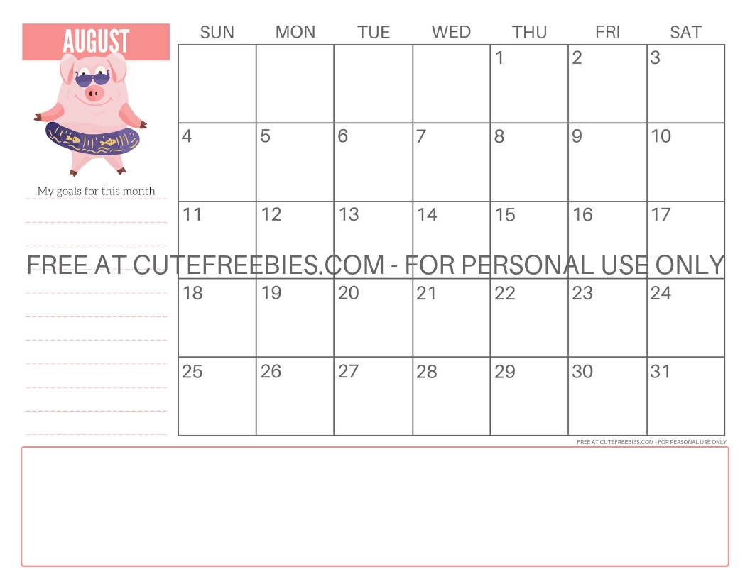 Take Cute August 2021 Pig Calendar Printable
