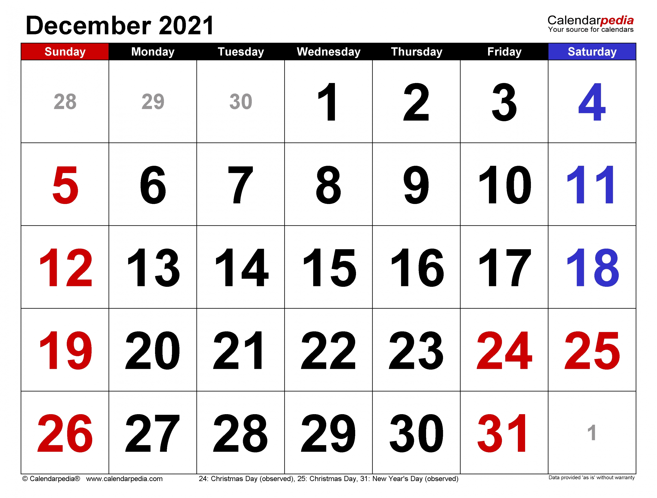 Take Decembers Calender For 2021