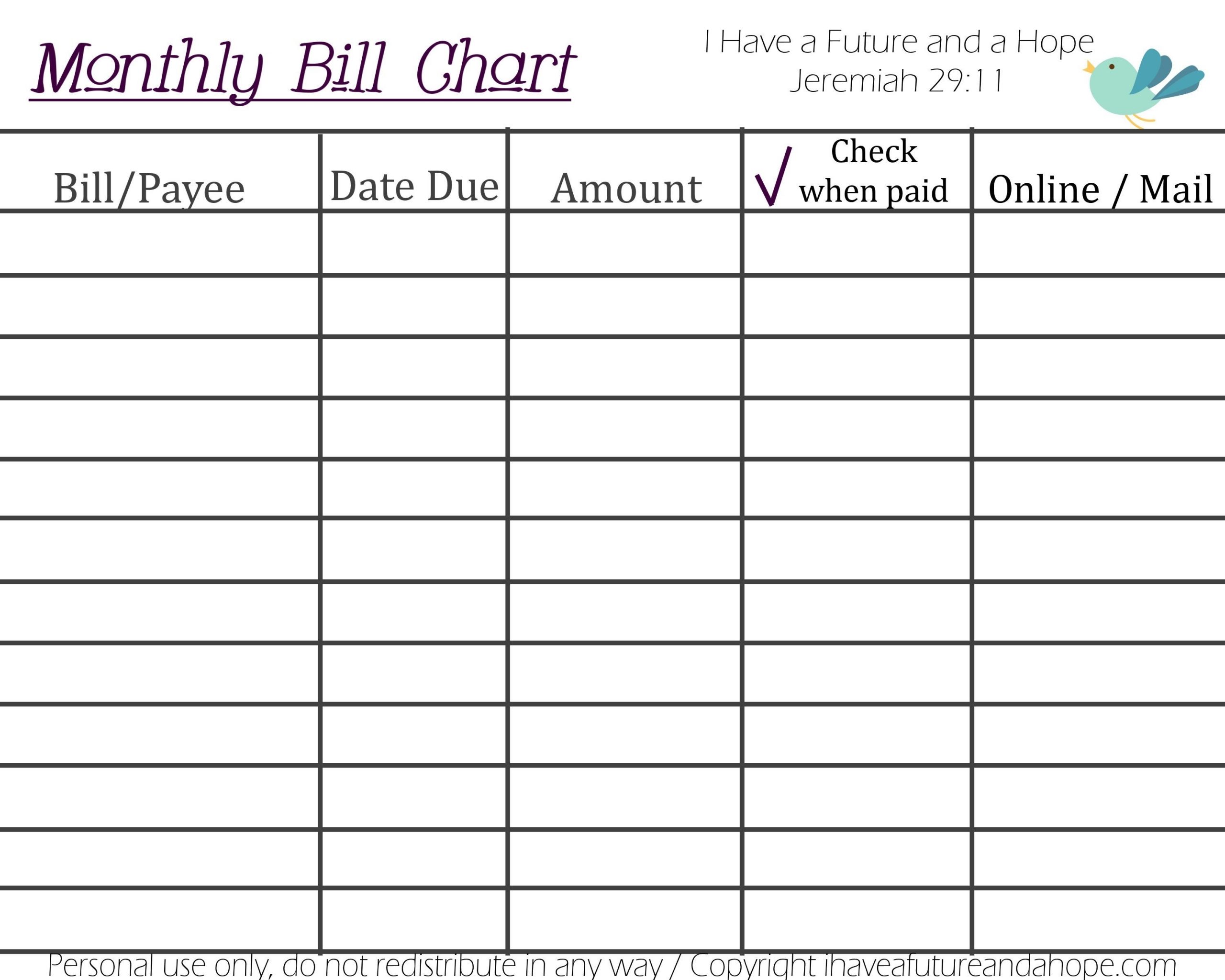 Take Free Printable Blank Monthly Bill Payment Worksheet
