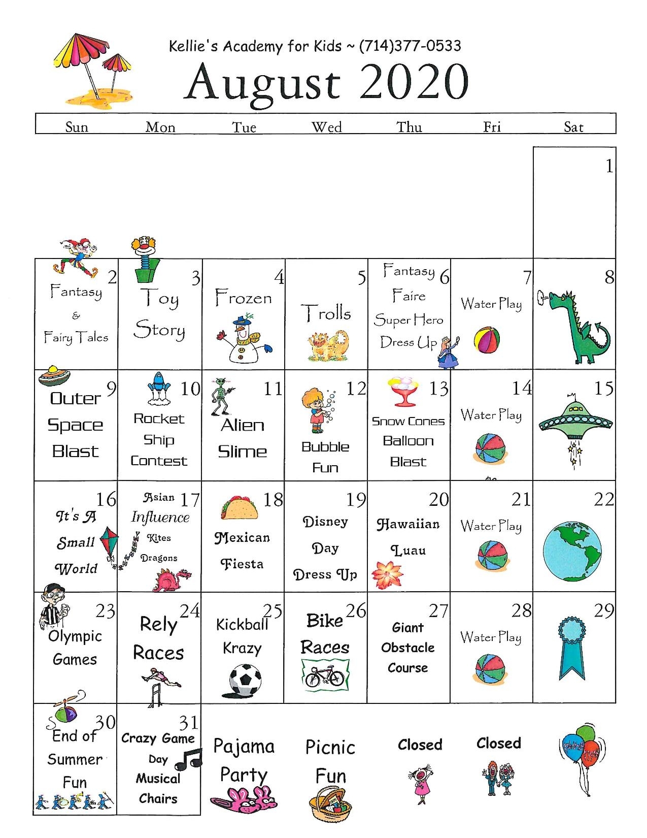 Take Kids August Calendar