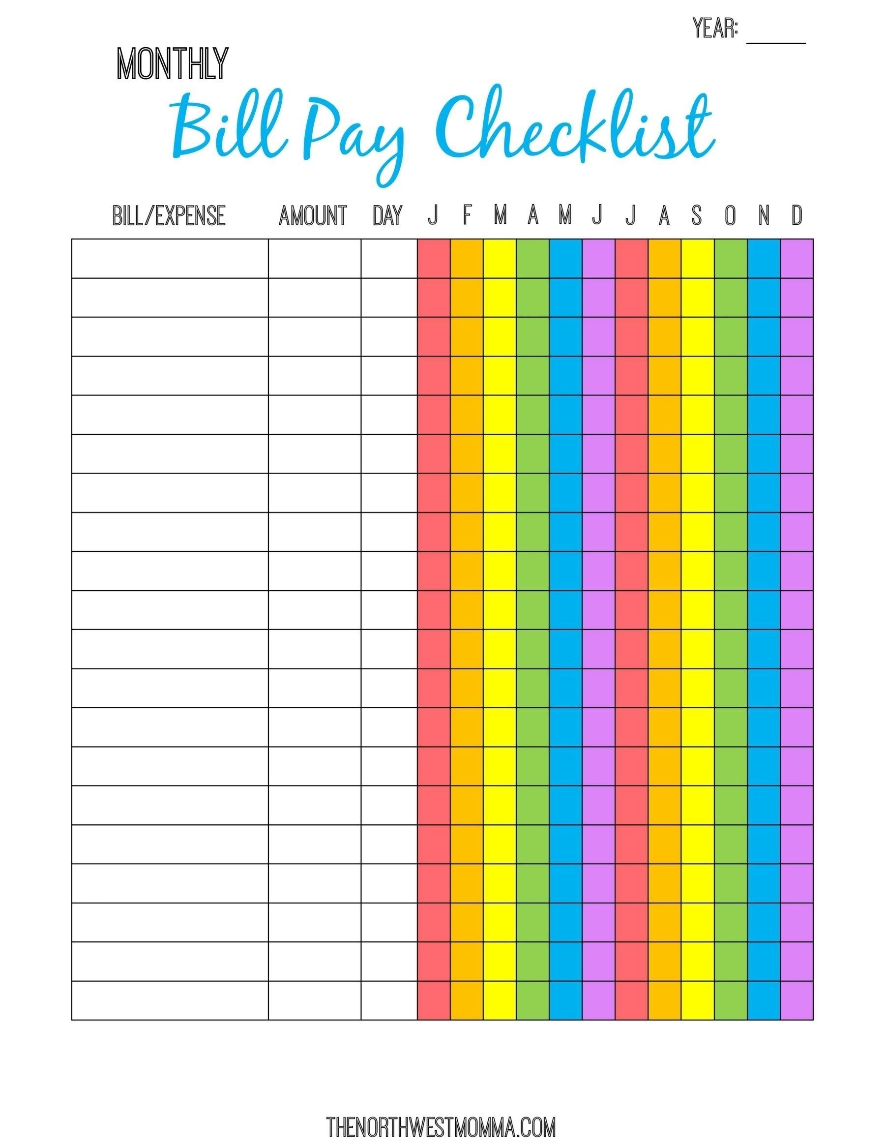 Take Monthly Bills Due List Printable