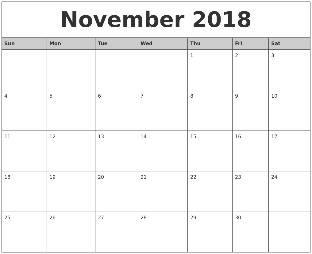Take November 2018 Calendar Printable Monthly