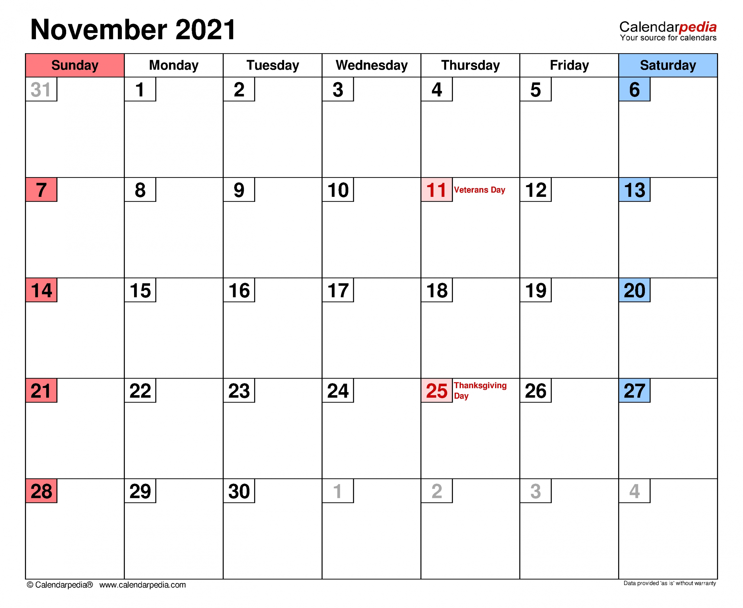 Take November 2021 Calendar With Holidays