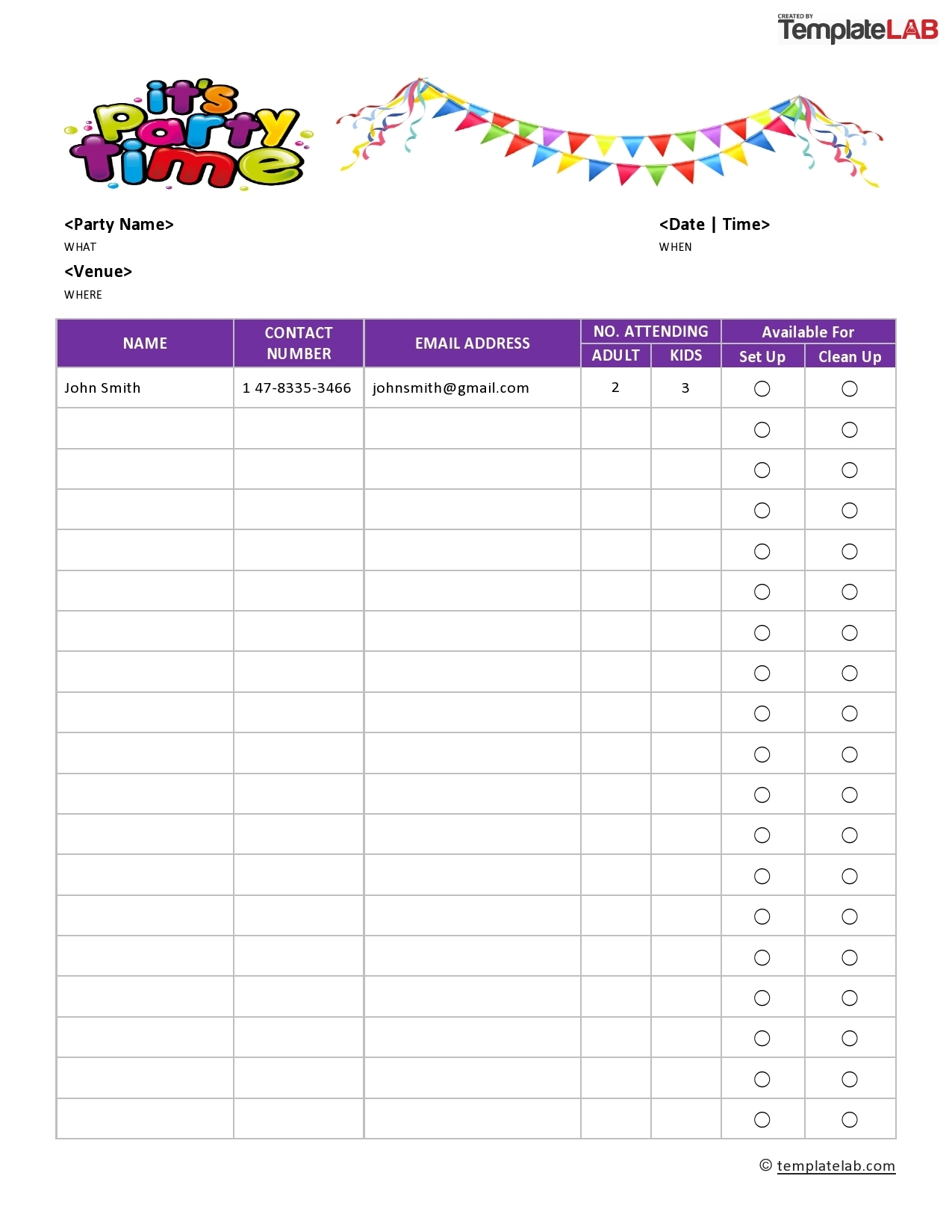 Guest List Time Slot Template Printable